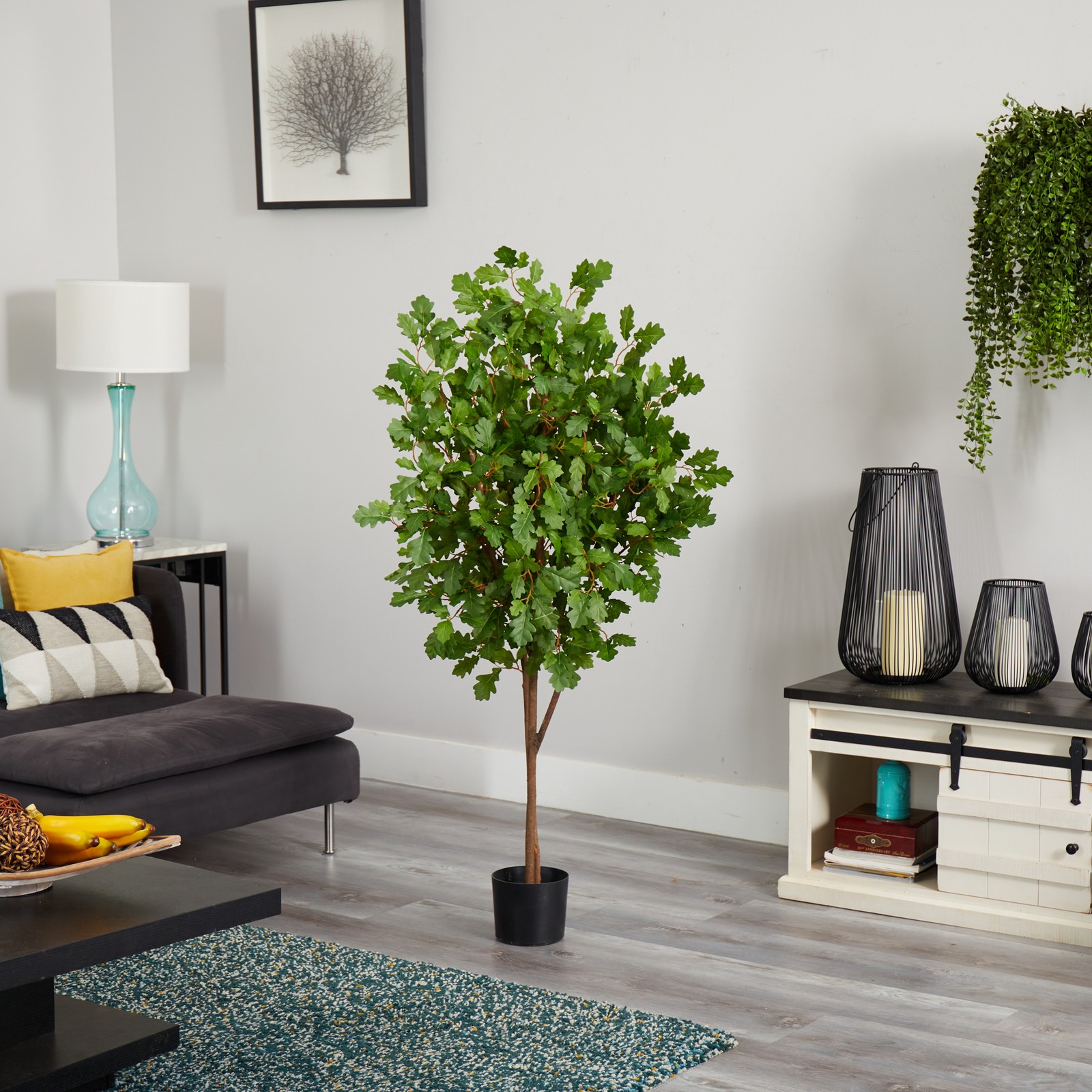 Nearly Natural 60″ Oak Artificial Tree with Glazed Planter in Green/Black