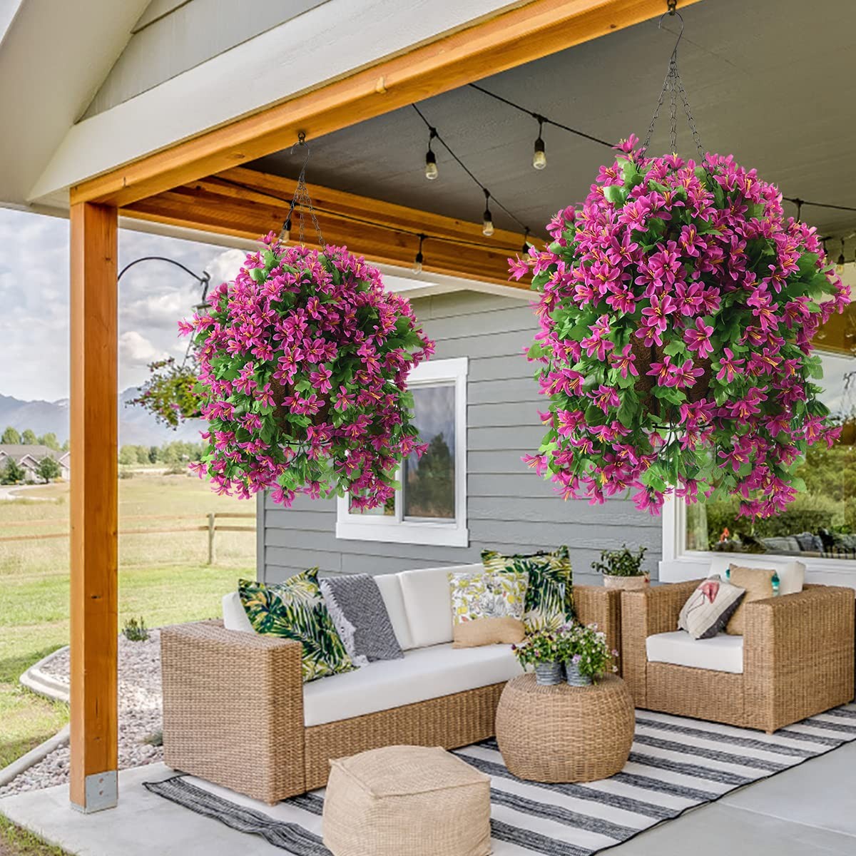 INQCMY Artificial Hanging Flowers in Basket for Spring Summer Outdoor Porch Deco