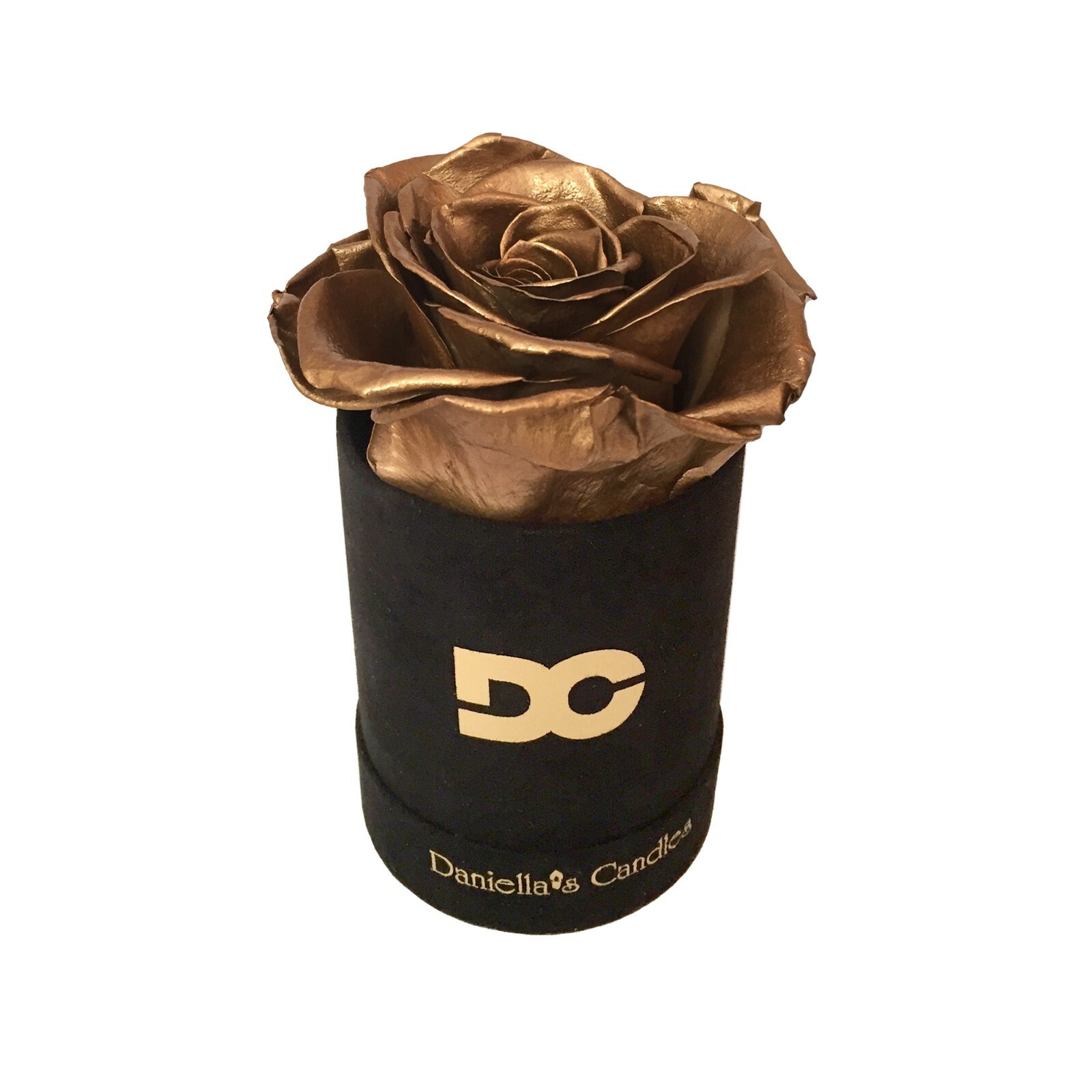 Personalized Single Long Lasting Gold Rose In Black Suede Box
