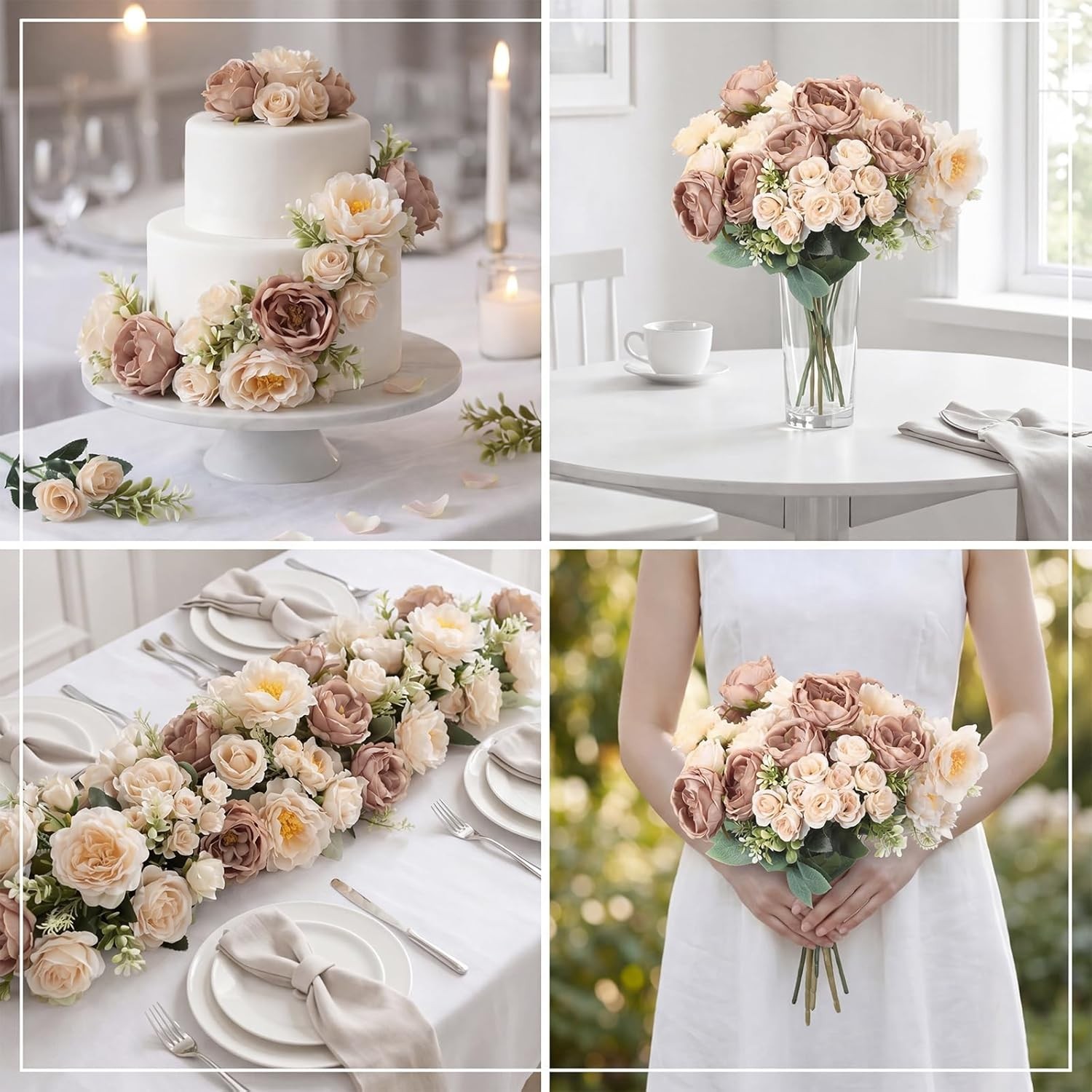 Realistic 12 Bundles Silk Flower Bouquets – Brown Beige for Table Centerpieces