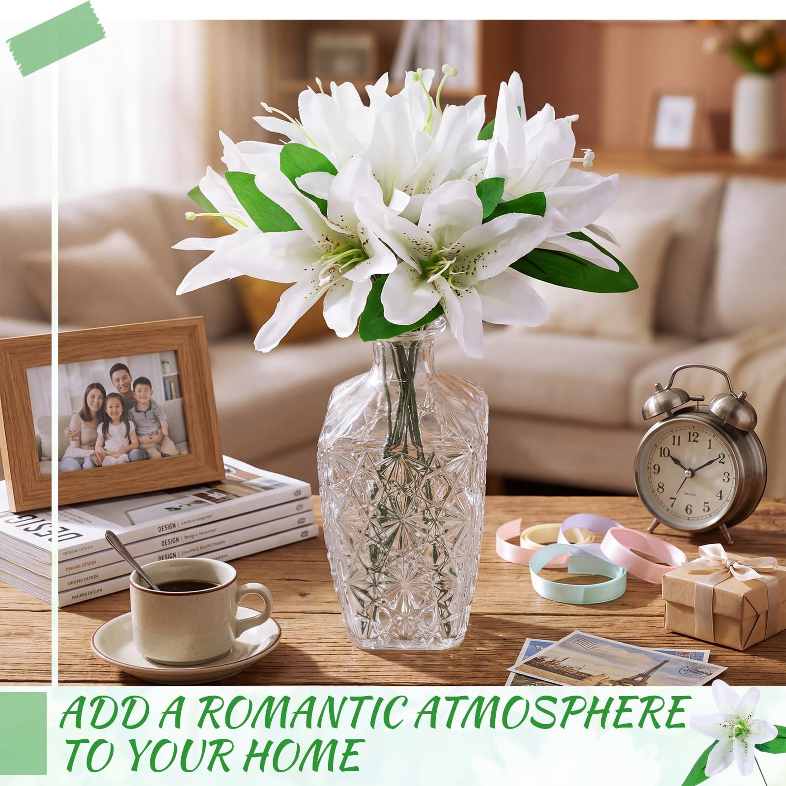 24 Pcs Artificial Lilies Flowers Fake Silk Lilies with Stem and Green Leaf Fa…