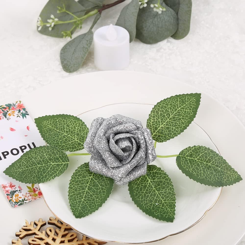 Silver Roses Artificial Flowers,25PCS Foam Glitter Roses Glitter Flowers Fake Ro