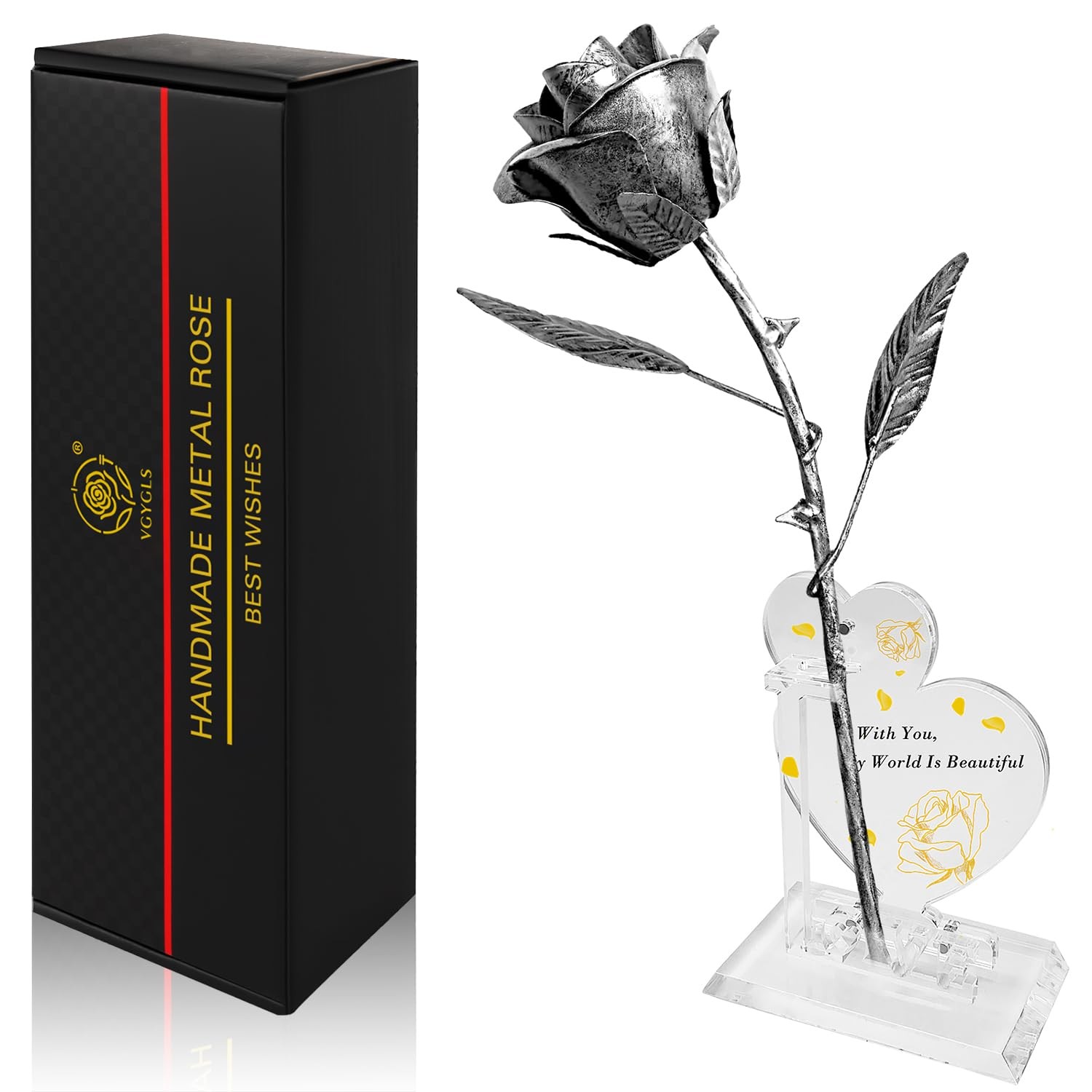 Iron Rose Sculpture with 2 Heart Photo Stands – 6 Year Iron Anniversary Metal…