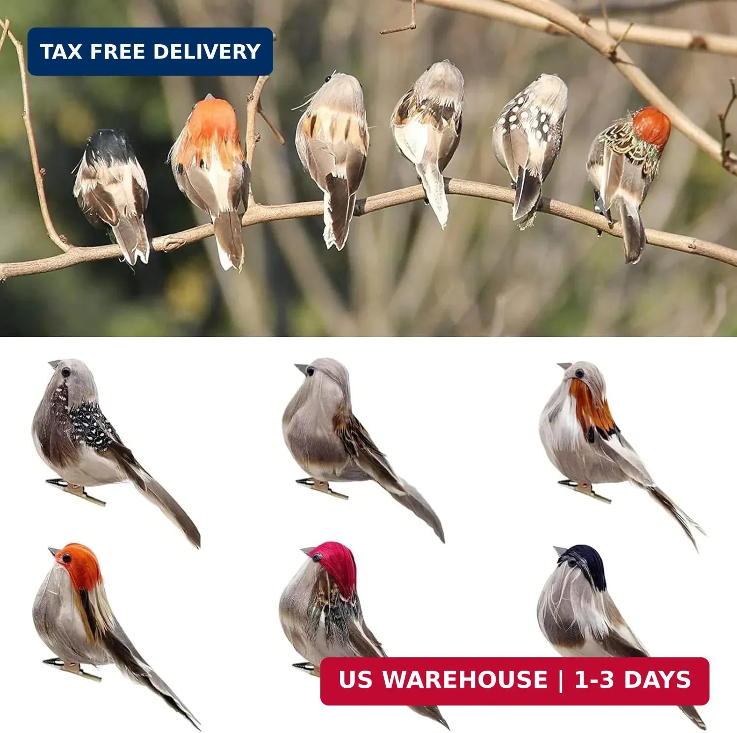 6pcs Artificial Birds Realistic 3.9-Inch Simulation Foam Feather Sparrow Bird Cl