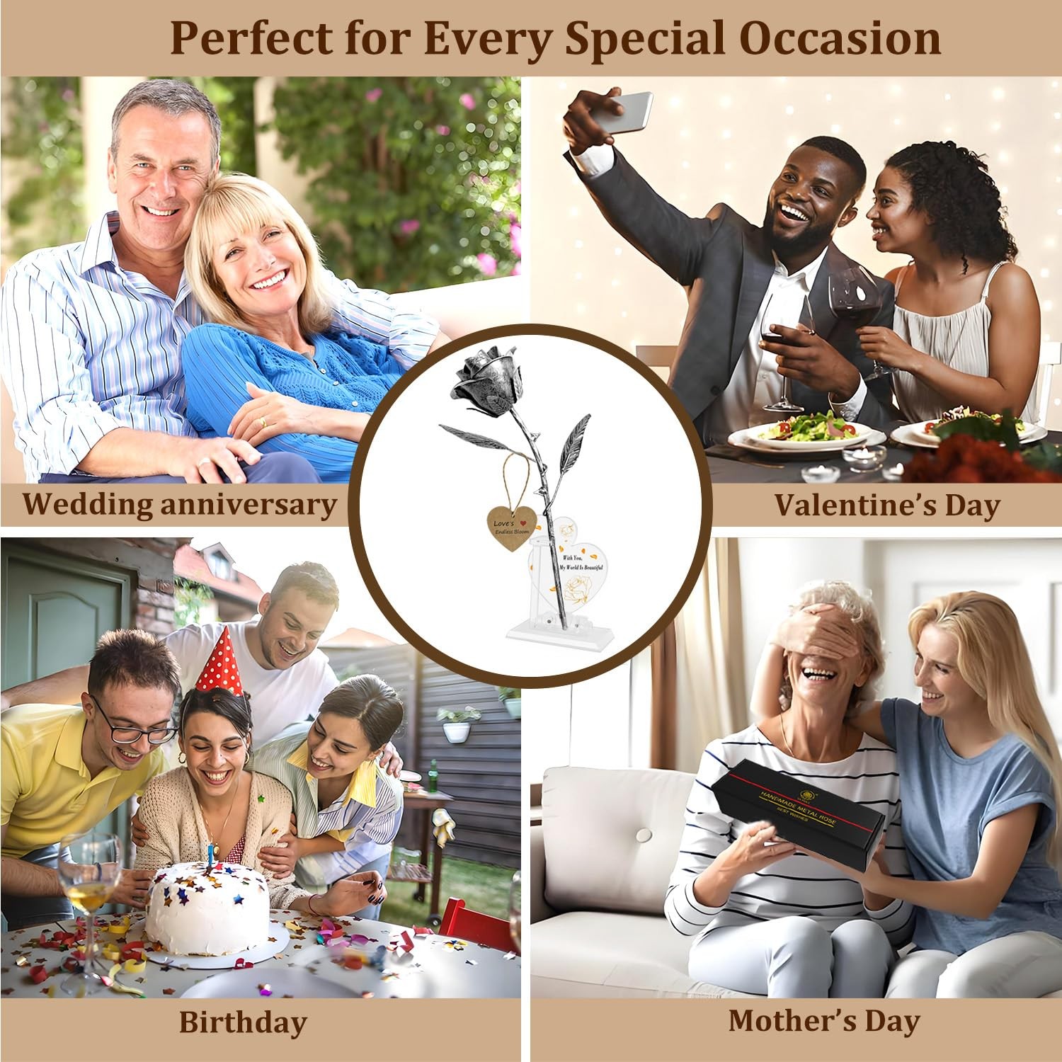 Iron Rose Sculpture with 2 Heart Photo Stands – 6 Year Iron Anniversary Metal…