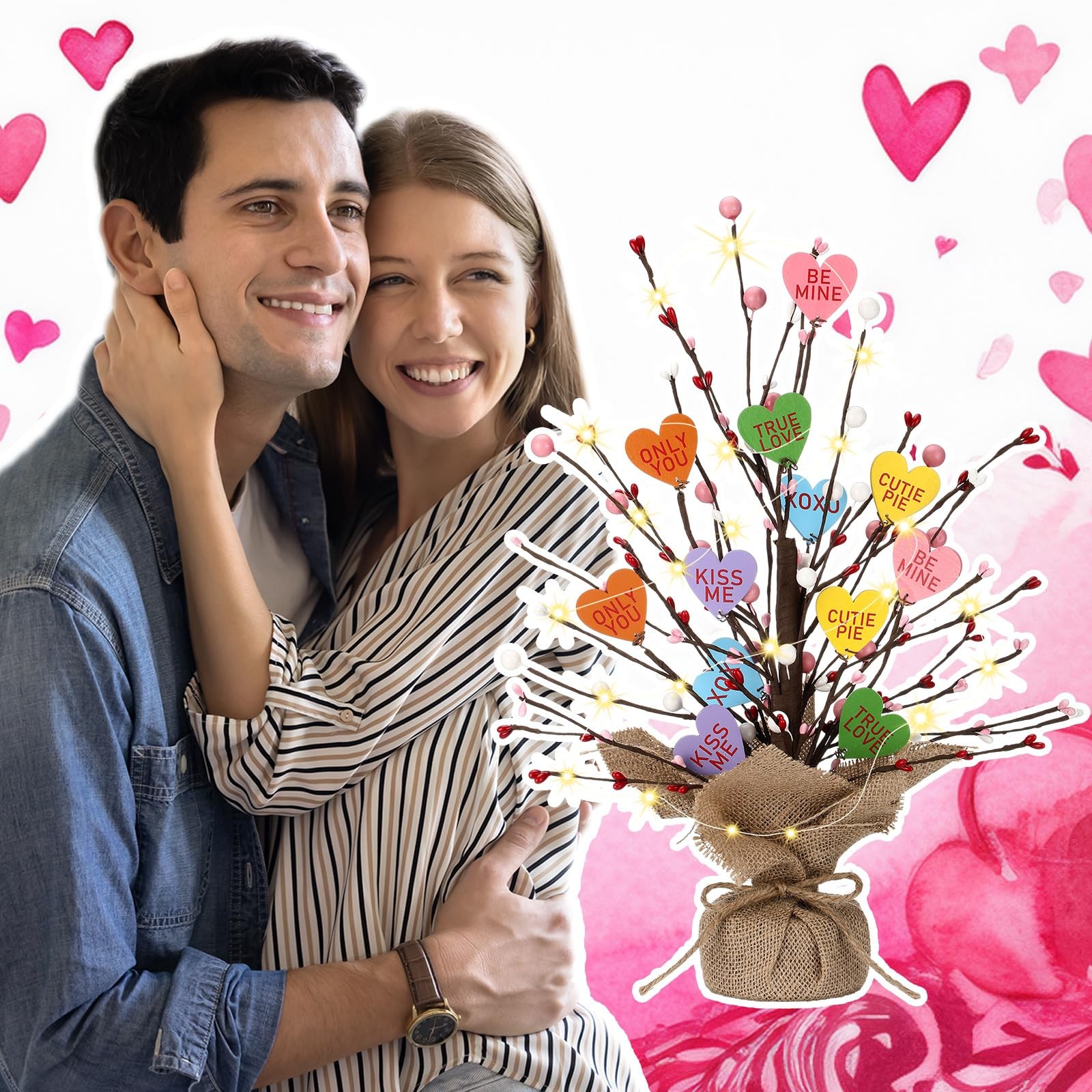 Lighted Valentine Heart Candy Tree Tabletop Decorations Artificial Branches