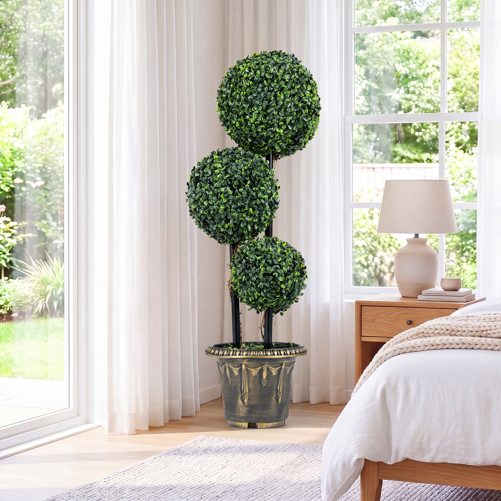 3 FT Artificial Boxwood Topiary Tree, Sun-Protective Triple Ball Shrubs,Indoor