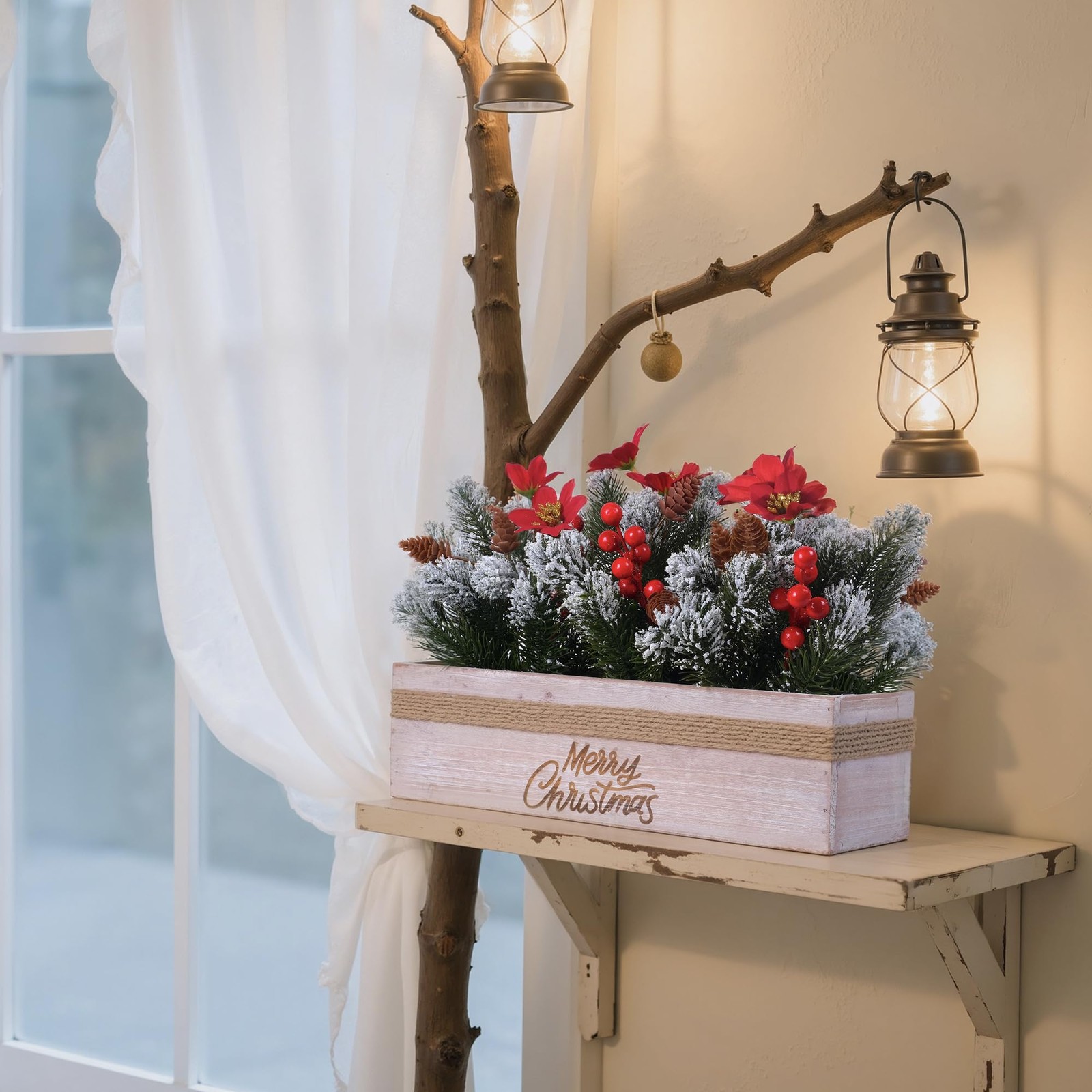 Christmas Table Centerpiece Decorations with Red Poinsettias, Snowy Norfolk P…