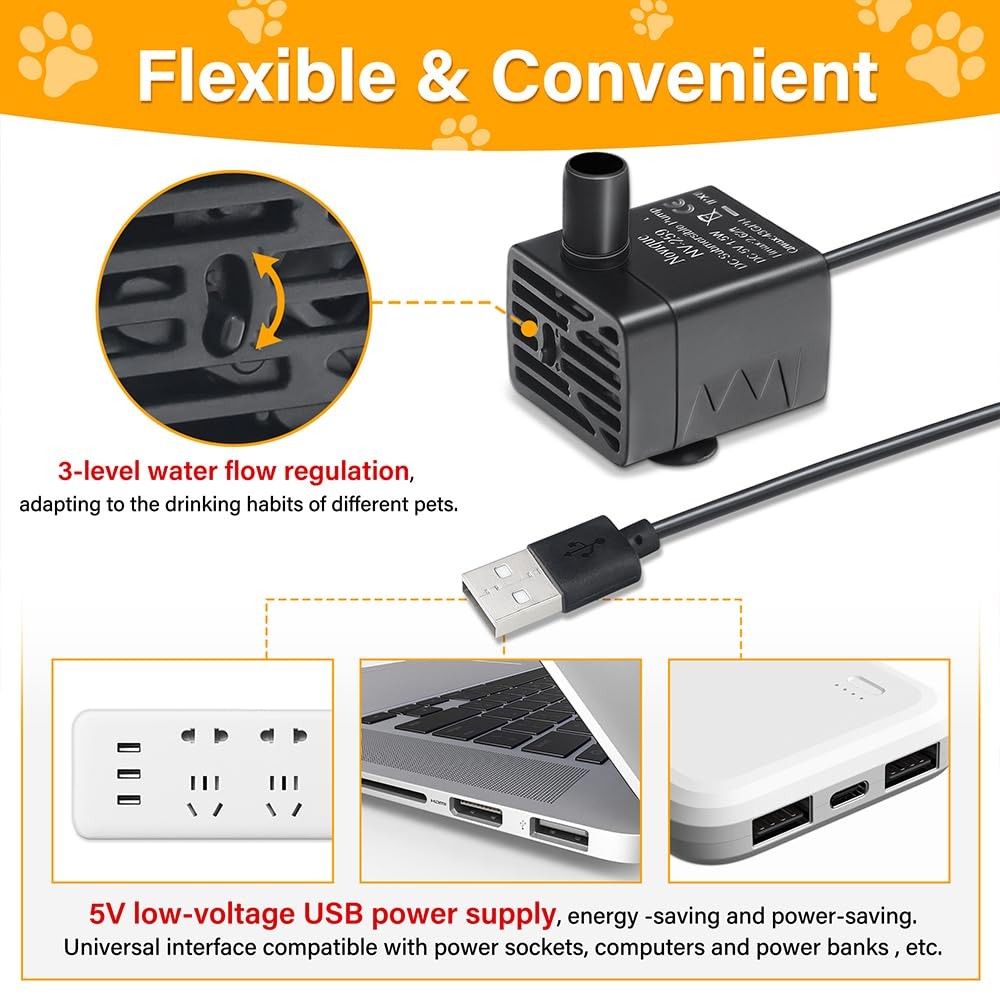 Novique Ultra-Quiet Replacement Pump for Cat Water Fountains Black(USB Cable）