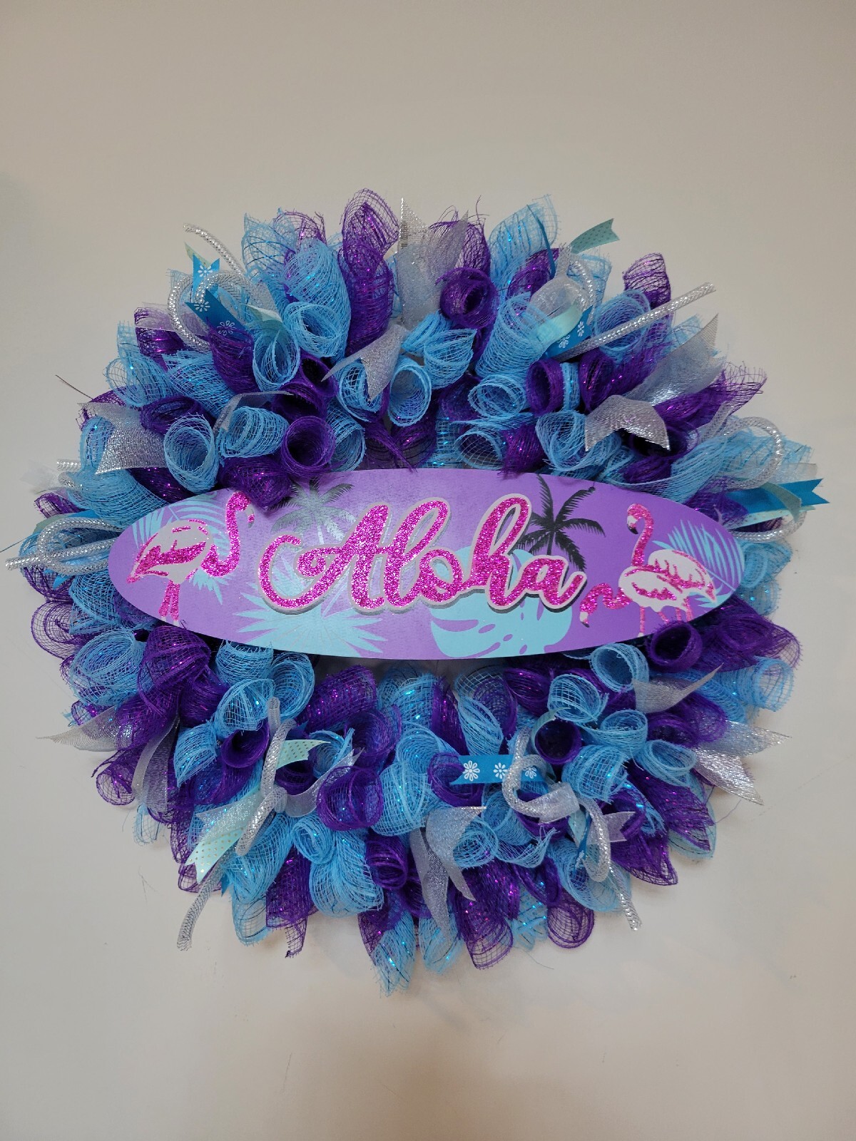 ALOHA Summer Spring Mesh Front Door Wreath Wall Decor BRIGHT Purple Pink Blue