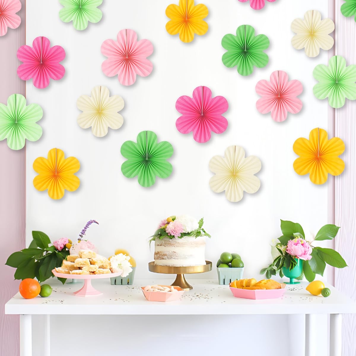 18 PCS Paper Fans Flowers Party Decor Floral Wall Backdrop Pink Green Yellow