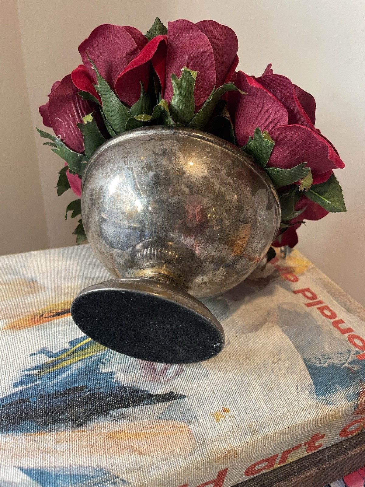 Faux Red Rose Small Arrangement In Aged Silver Pedestal Urn