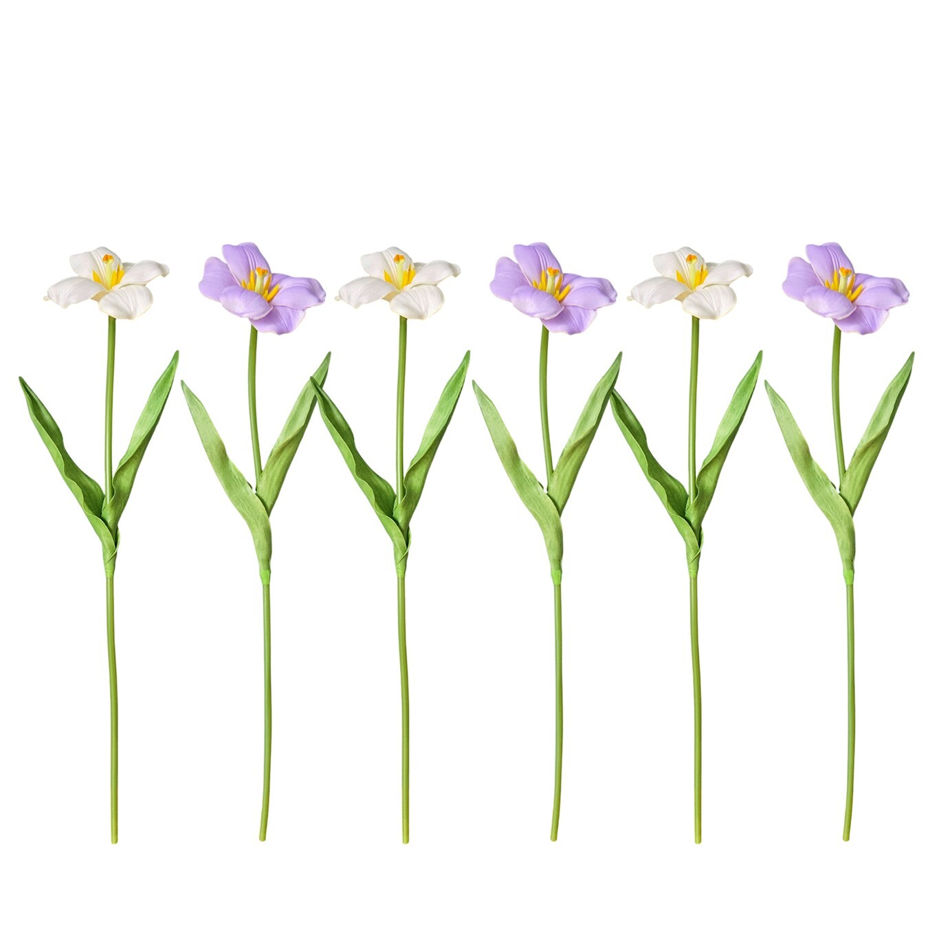 6PCS artificial fully bloomed tulips in pink, purple, and white for home décor.