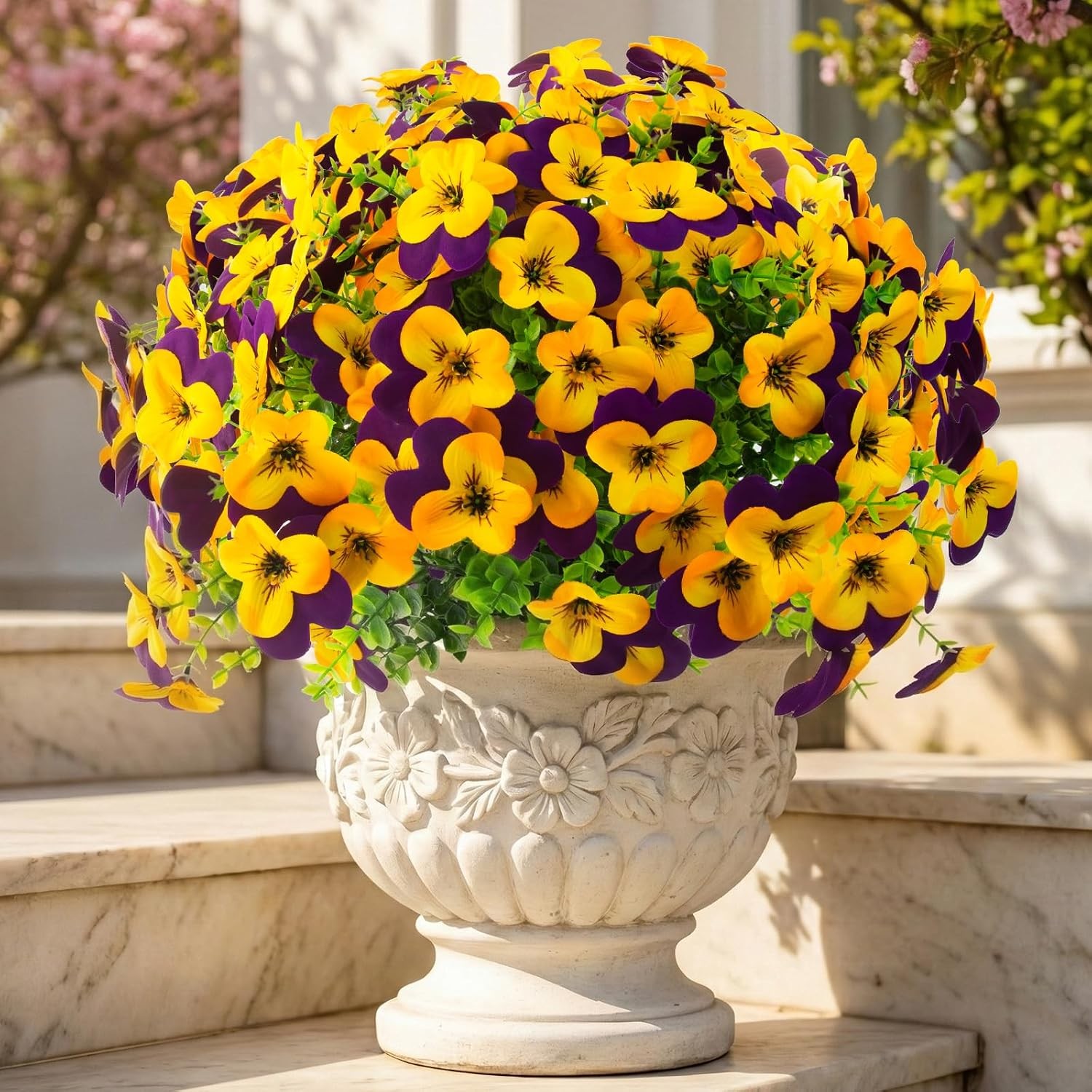 16 Pcs Artificial Pansy Flowers for Outdoors Yellow Faux Silk Spring Flowers for