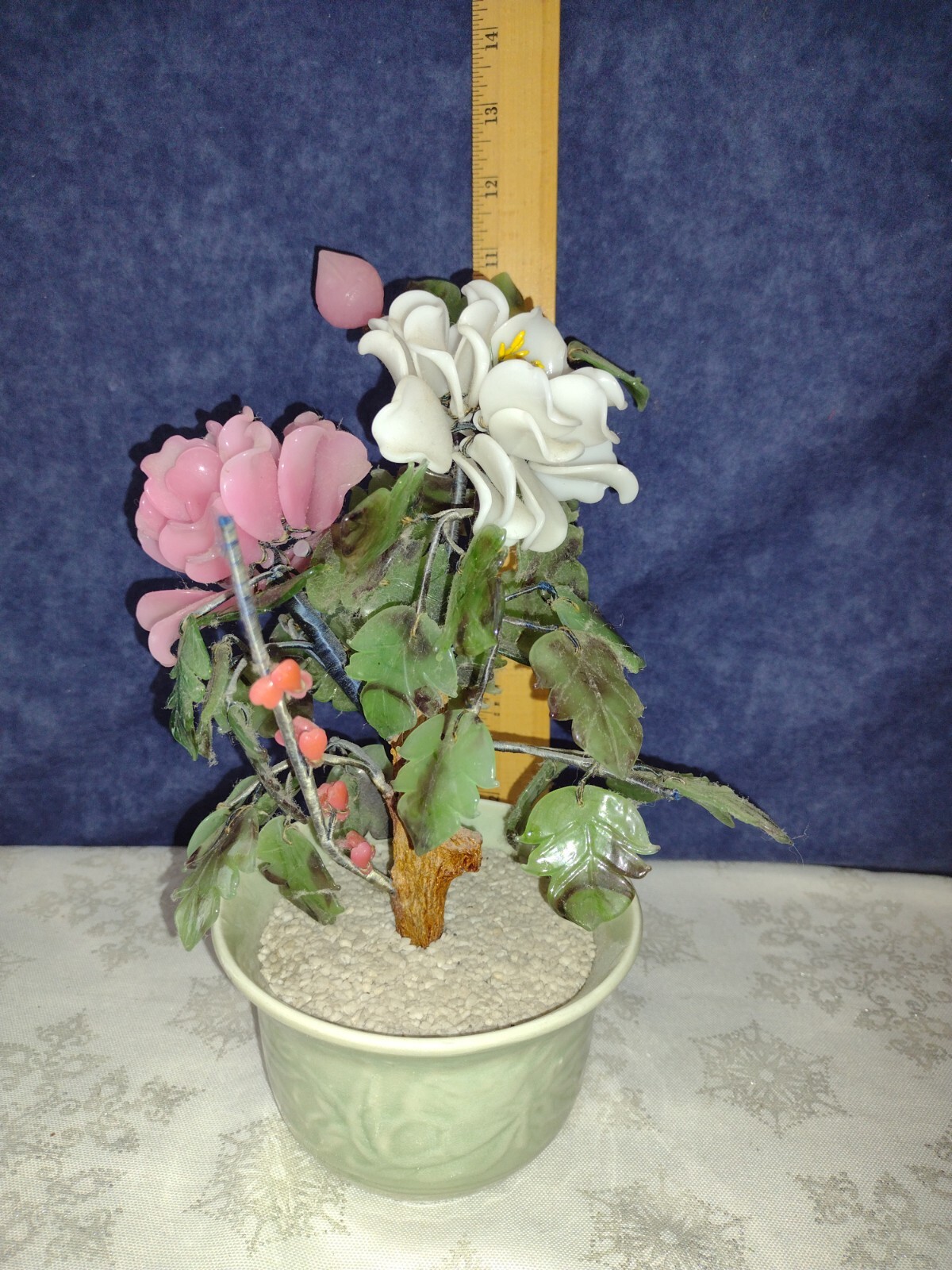 Vintage Original Japan Glass Bonsai Tree Green Bowl Pot 9″ Tall