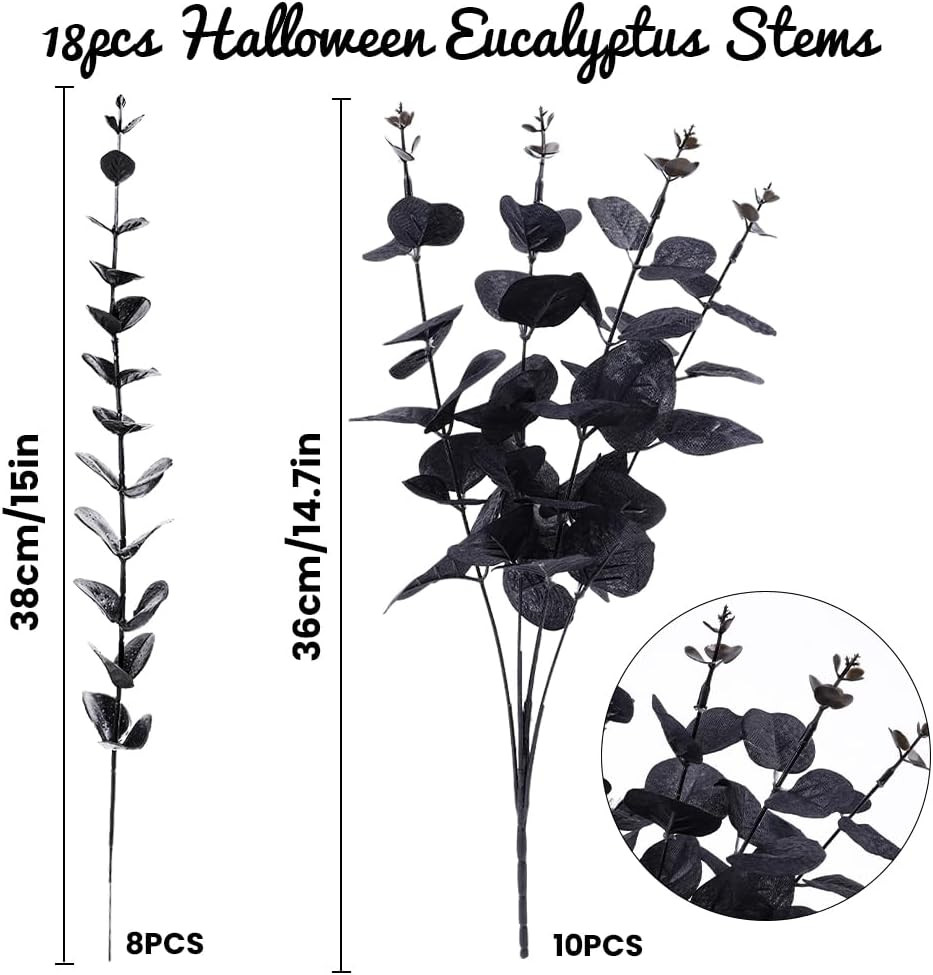 18Pcs Black Artificial Flowers 2 Styles Black Eucalyptus Stems for Table Centerp