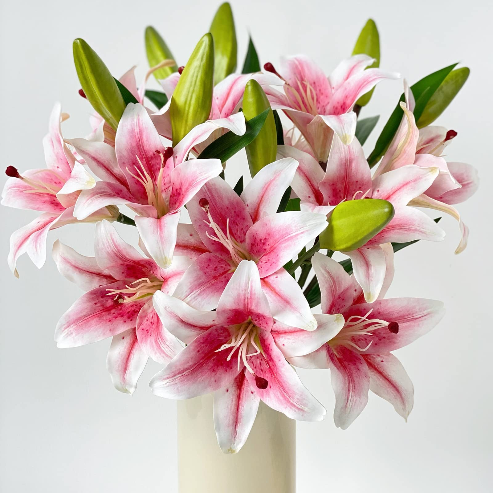 Yalzone 2 Pcs 28 inch Pink Artificial Lily Flowers Fake Real Touch Lily 3 Hea…