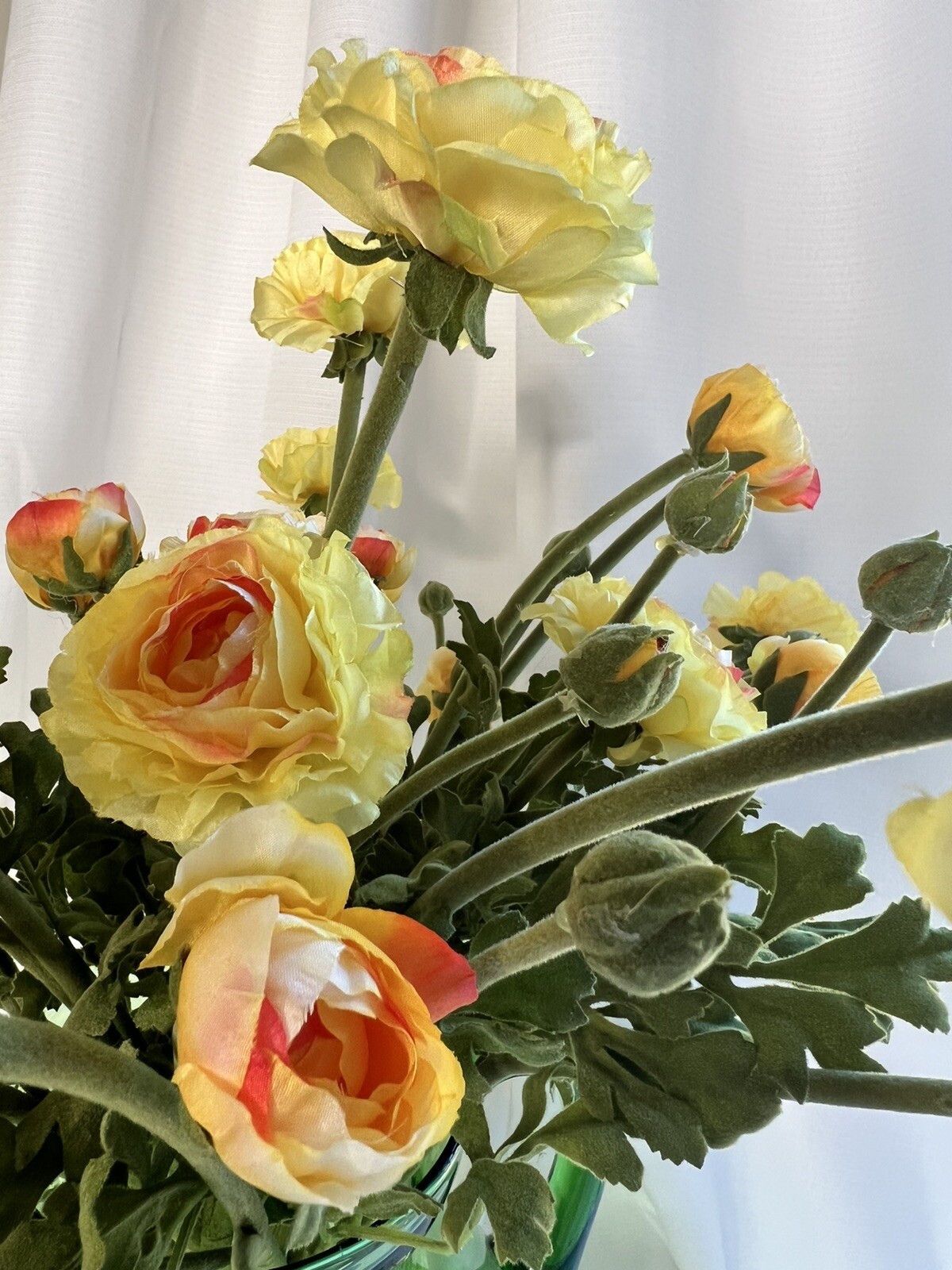 Large Custom Floral Arrangement Realistic Yellow Ranunculus In Green Glass Jug
