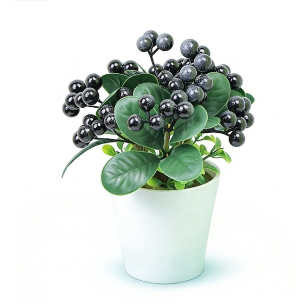 Potted Plastic Blueberry Holly Plant with Lifelike Berries and Foliage