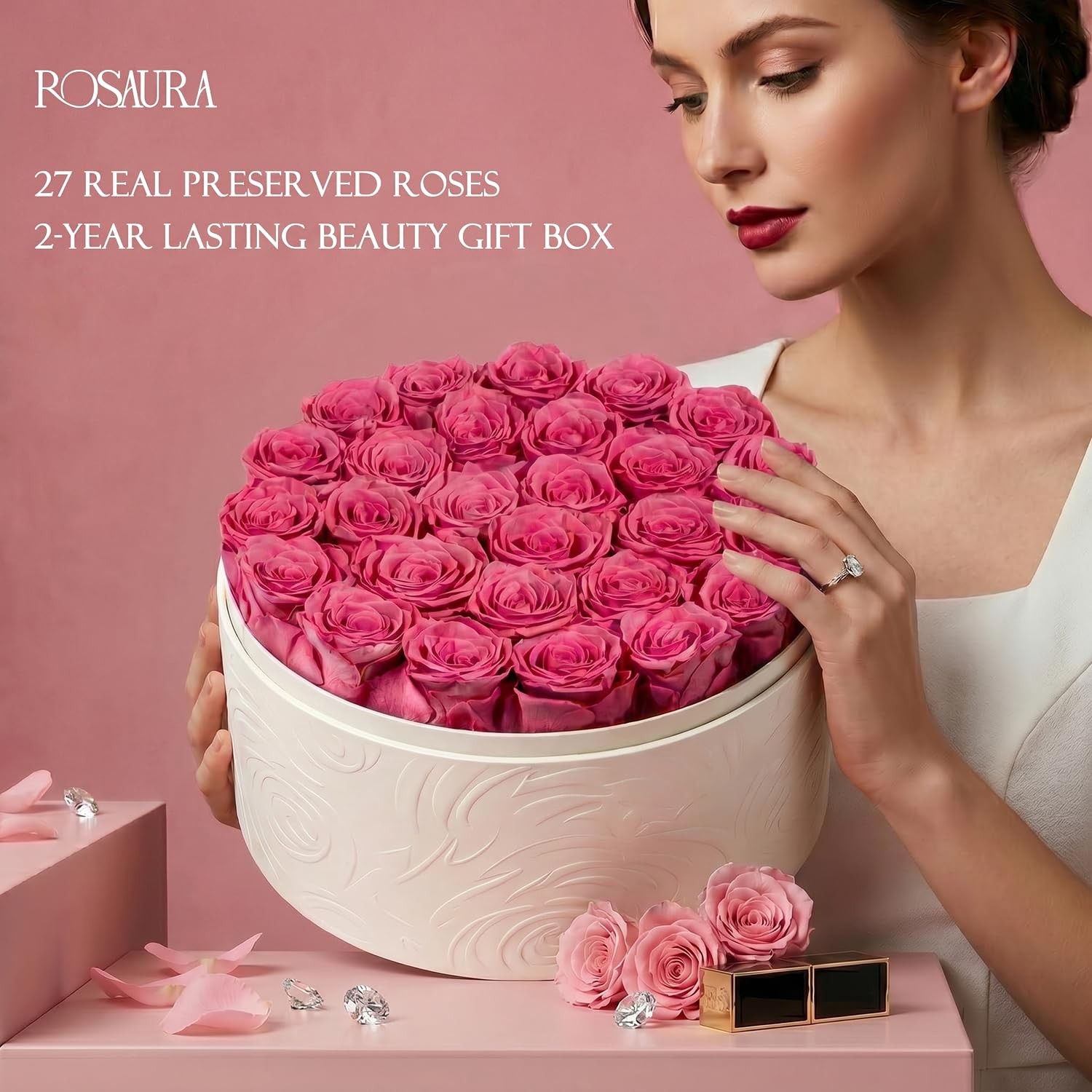 Preserved Roses in Box Forever Flowers Gift Pink White Round Box Preserved