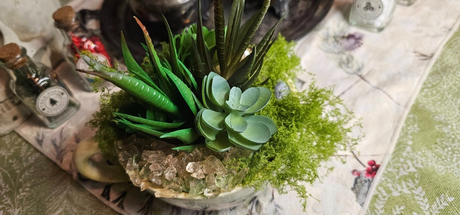 OOAK Upcycled DIY Succulent Tea Cup Fake Artificial Plant Decor Rose Quartz