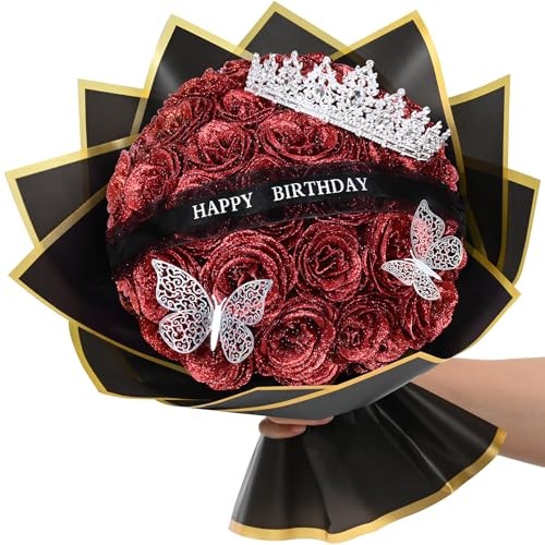 Glitter Roses Bouquet, Birthday Gifts for Women Mom, DIY Fake 36pcs Red