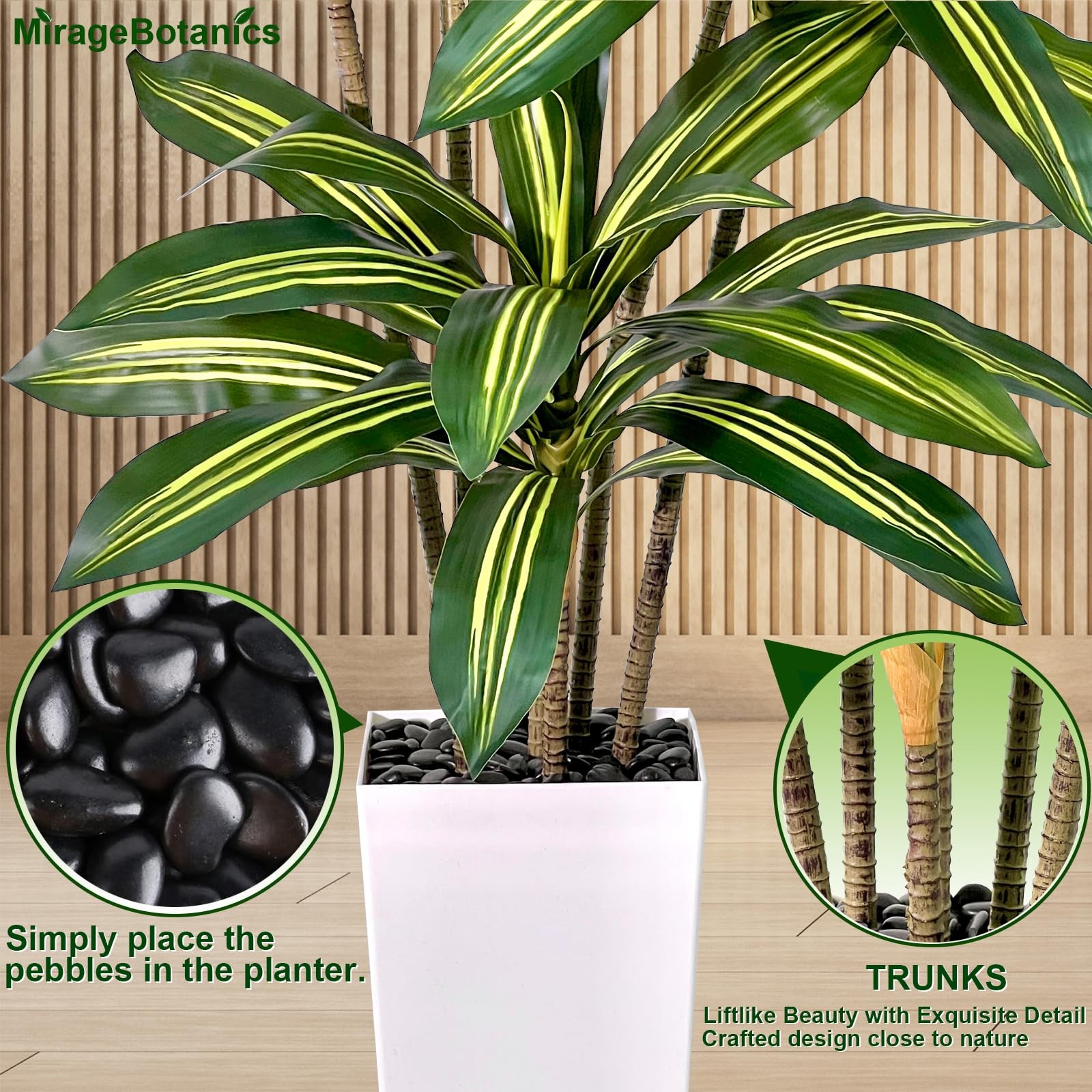 MirageBotanics Artificial Dracaena Tree 7FT Tall Fake Plant WhitePlanter