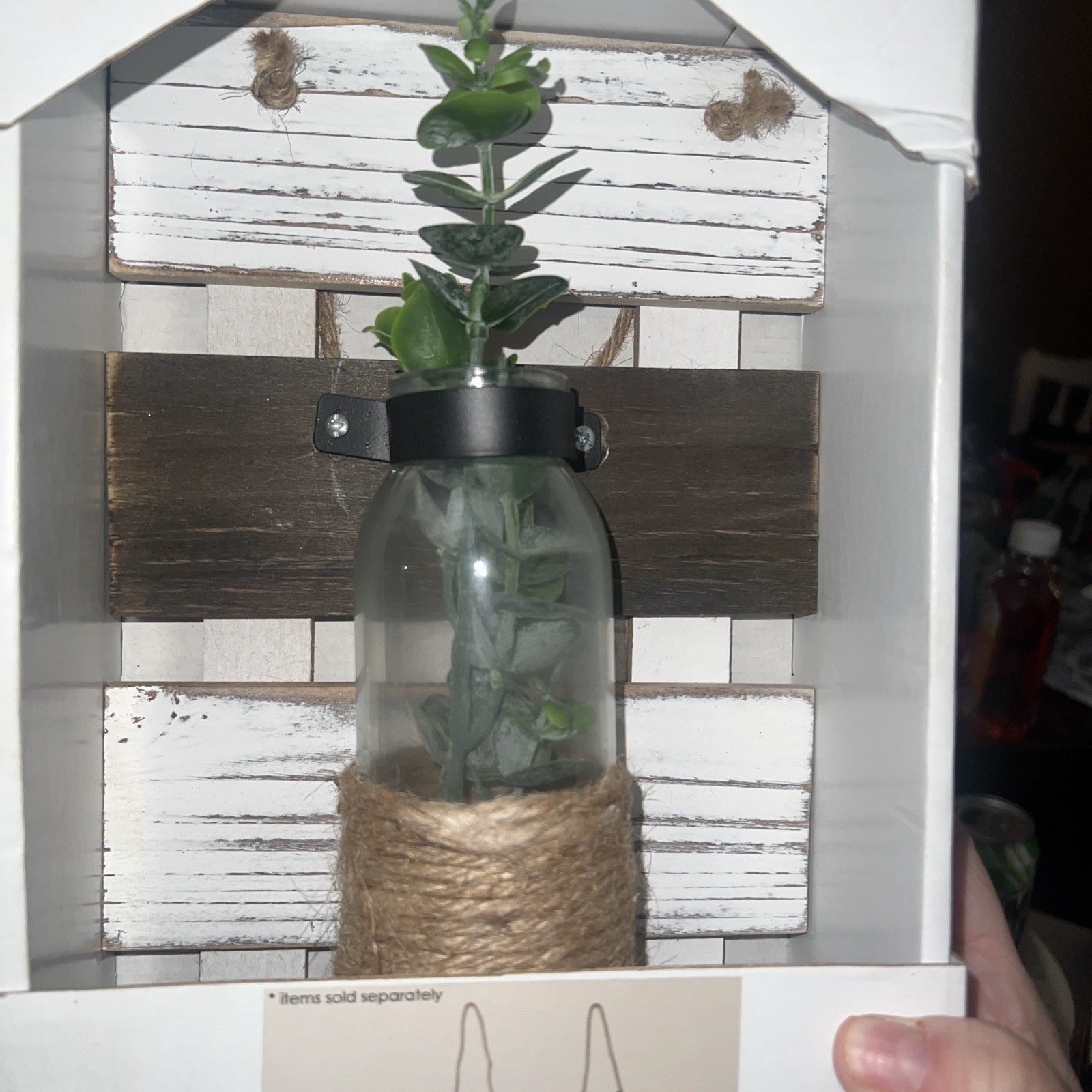 Farmhouse Rustic Wooden Artificial Plant In Bottle, Hanging Plaque, New In Box