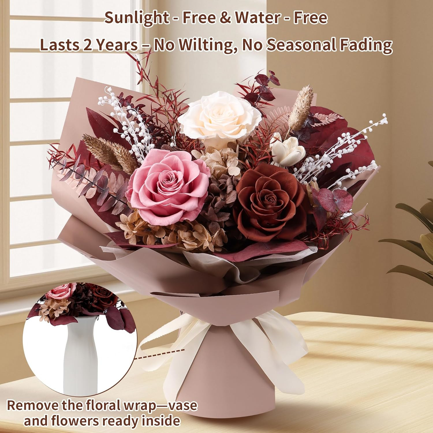 Preserved Flowers Bouquet, Real Eternal Flowers, Gifts for Women, Birthday Gifts