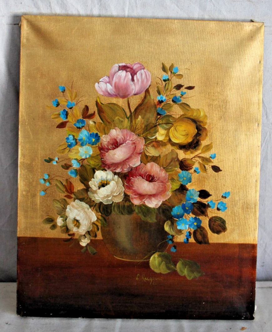 BIG GOLD GILT ORIGINAL OIL PAINTING STILL LIFE FLORAL MID CENTURY SIGNED CANVAS