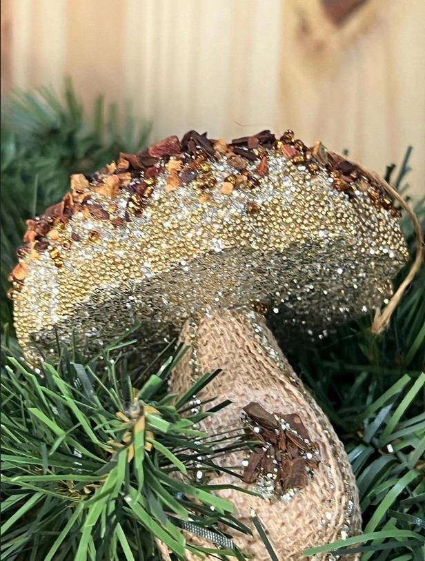 Glitter Mushroom Christmas Ornaments Set of 3 Rustic Woodland Gold Bead Tree Dec