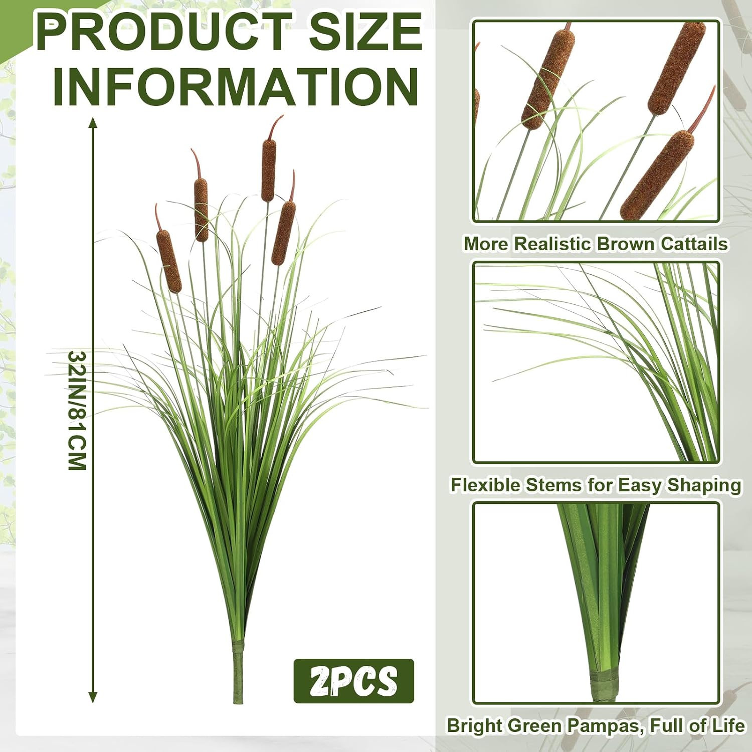 32″ Artificial Cat Tails – 2 Bundles of Brown Cattails for Home Decor