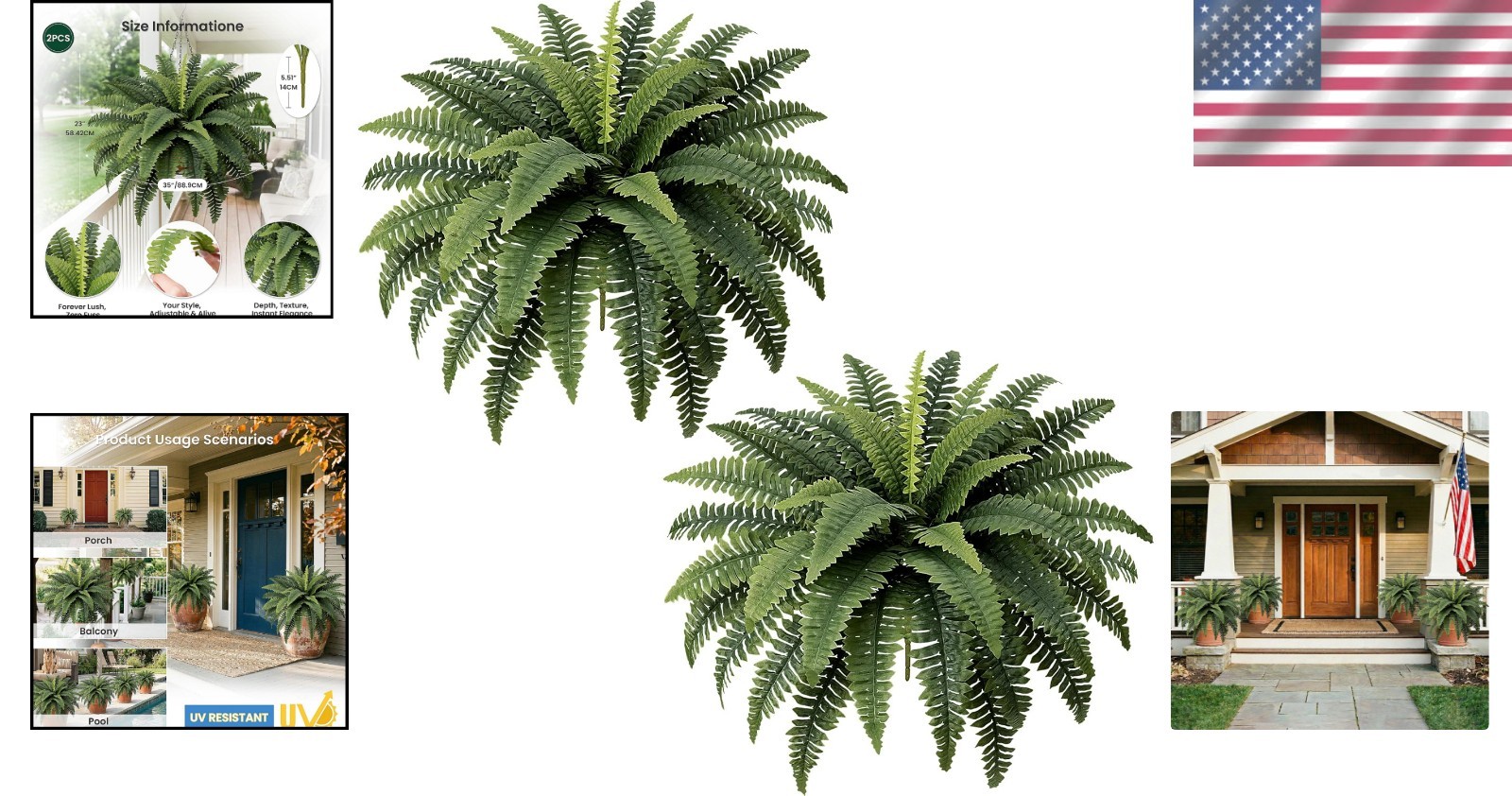 Set of 2 Large Artificial Boston Ferns – 35” Perfect for Indoor/Outdoor Decor