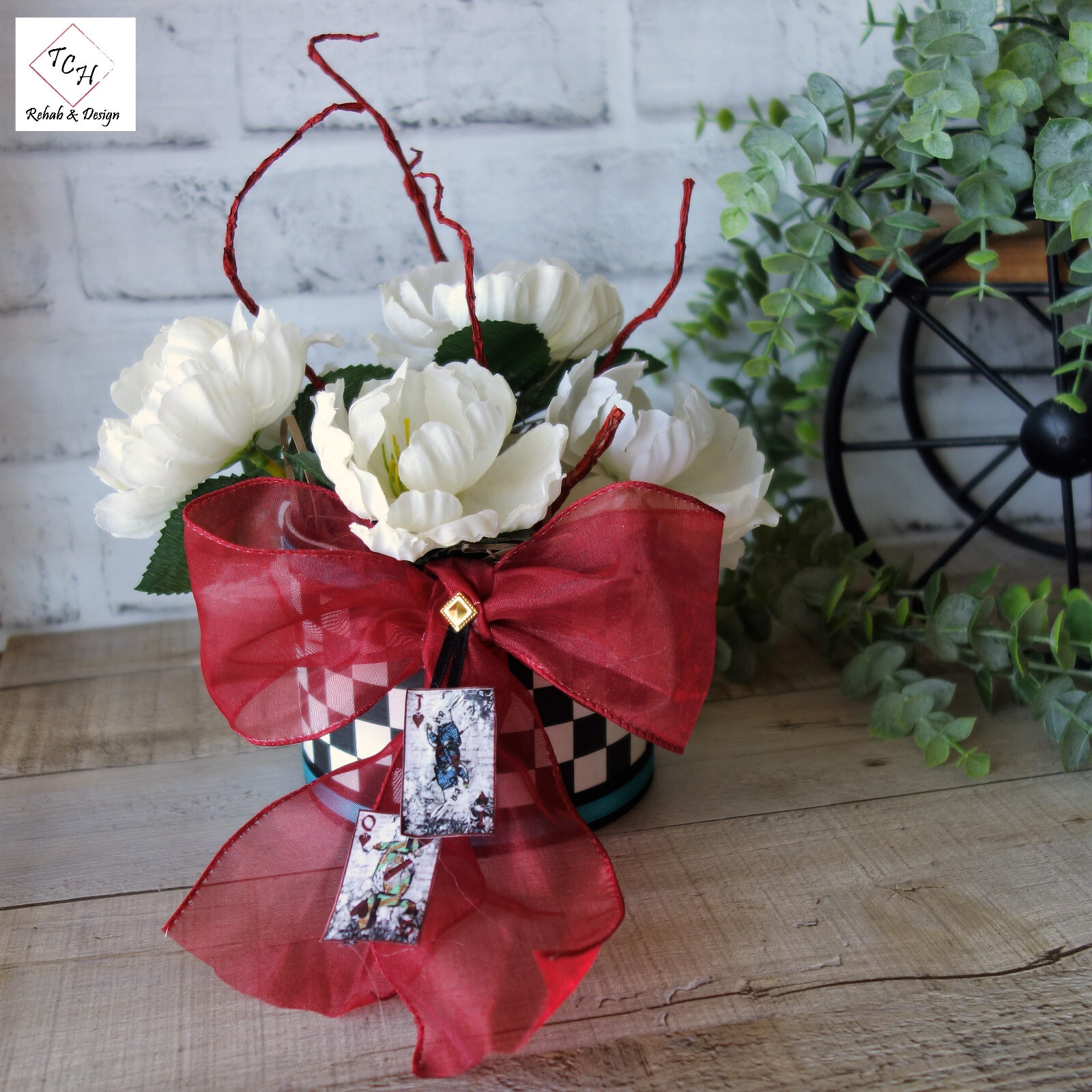 Whimsical Checks Floral Arrangement Handmade Checkered Decor Checkerboard Decor