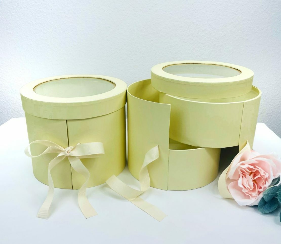 Premium Quality Round Shape Flower Box Floral Gift 2 Tier, with Lid, Yellow