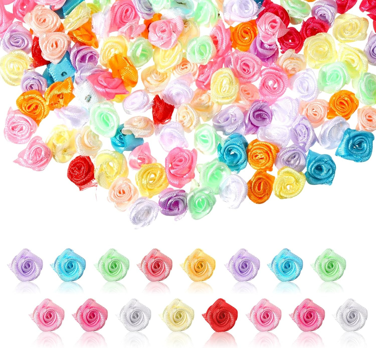 300 Pcs Mini Roses for Crafts, Satin Ribbon Roses, Multicolor Mini Rose Flowers,