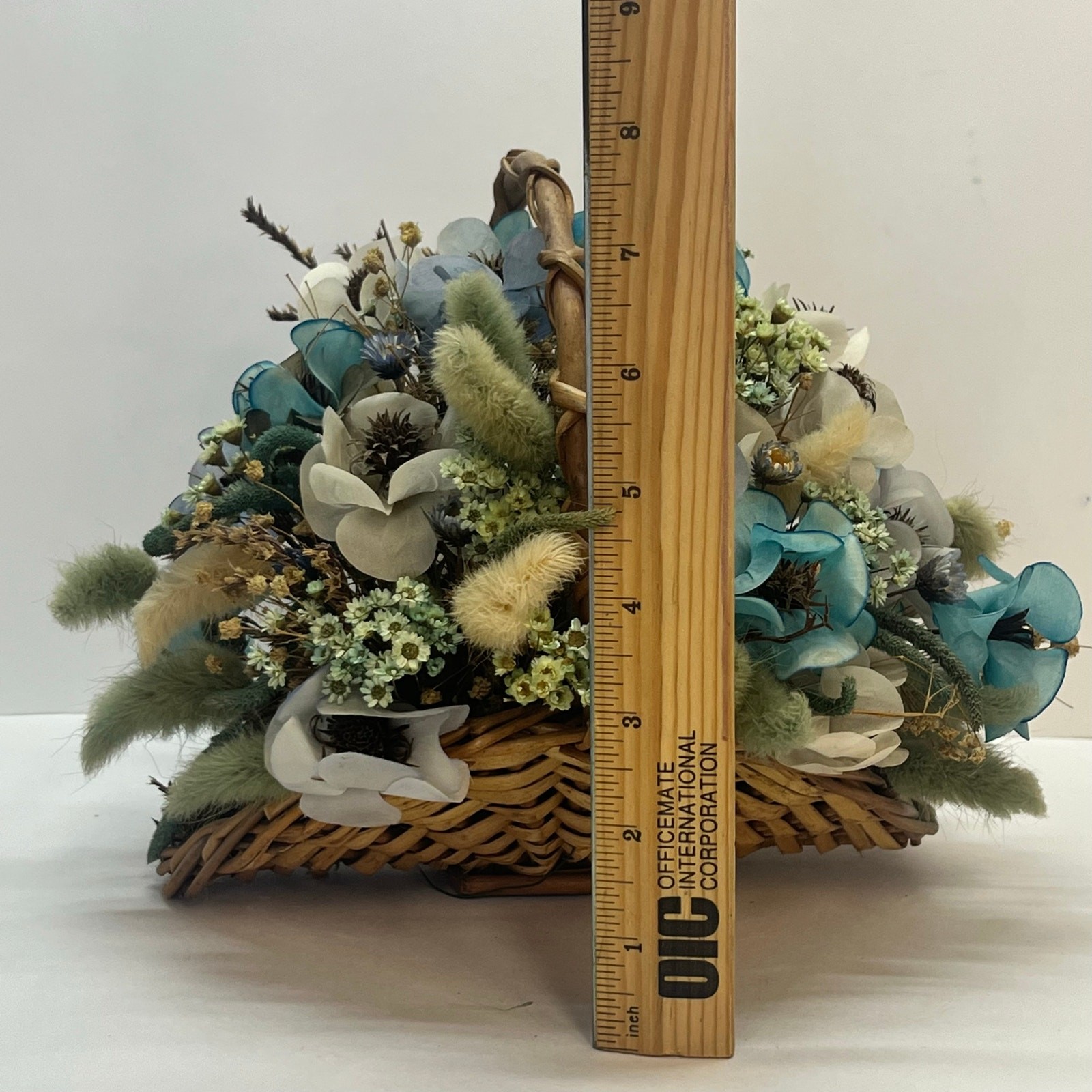 Blue and White Floral Arrangement in Woven Wicker Basket Rustic Centerpiece