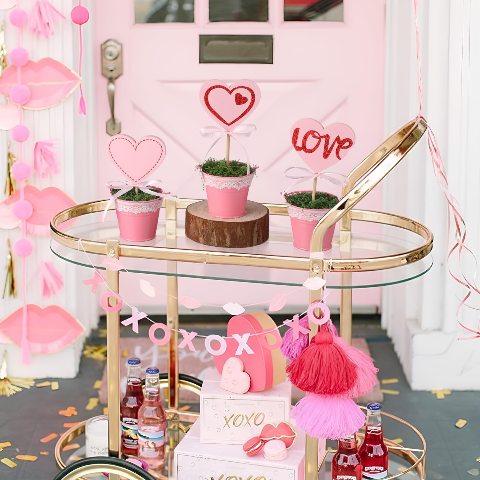 3 PCS Valentine Glitter Heart Topiary Tree Artificial Pink 5.57 Inch Pot