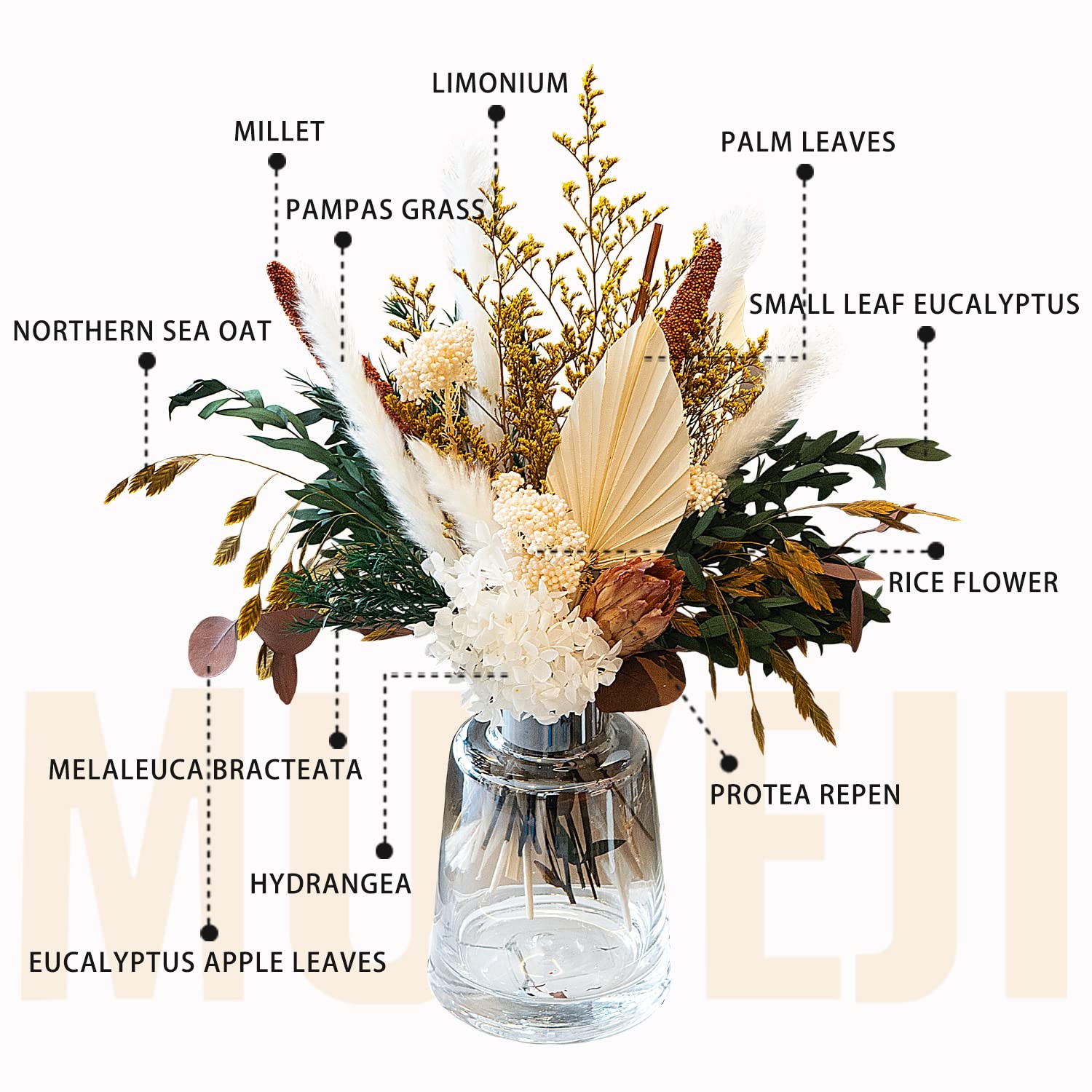 Neutral Dried Flower Bouquet, Cream White & Green Boho Dried Floral Arrangeme…