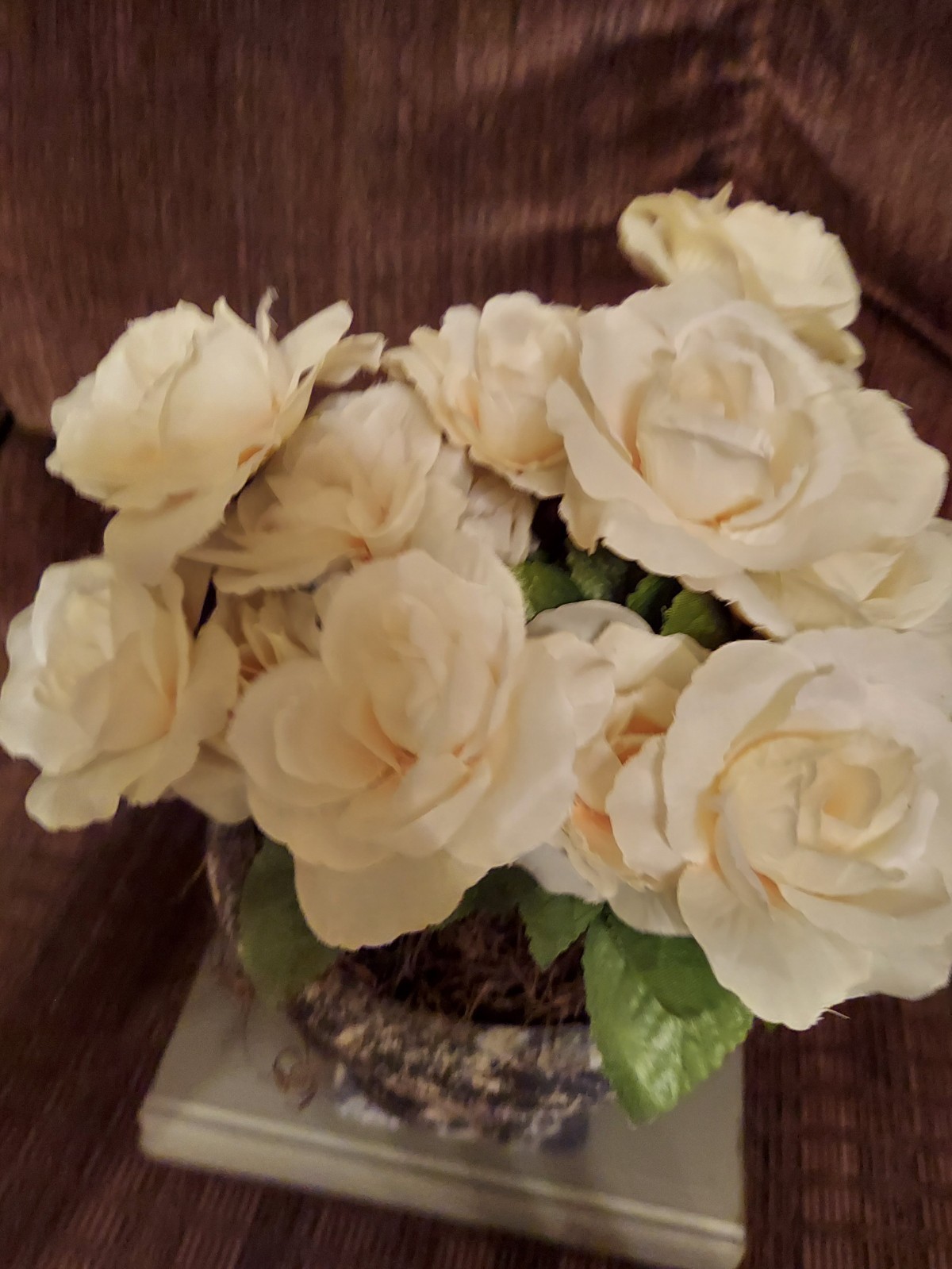 Handmade cream rose Urn with faux flowers floral arrangement plants