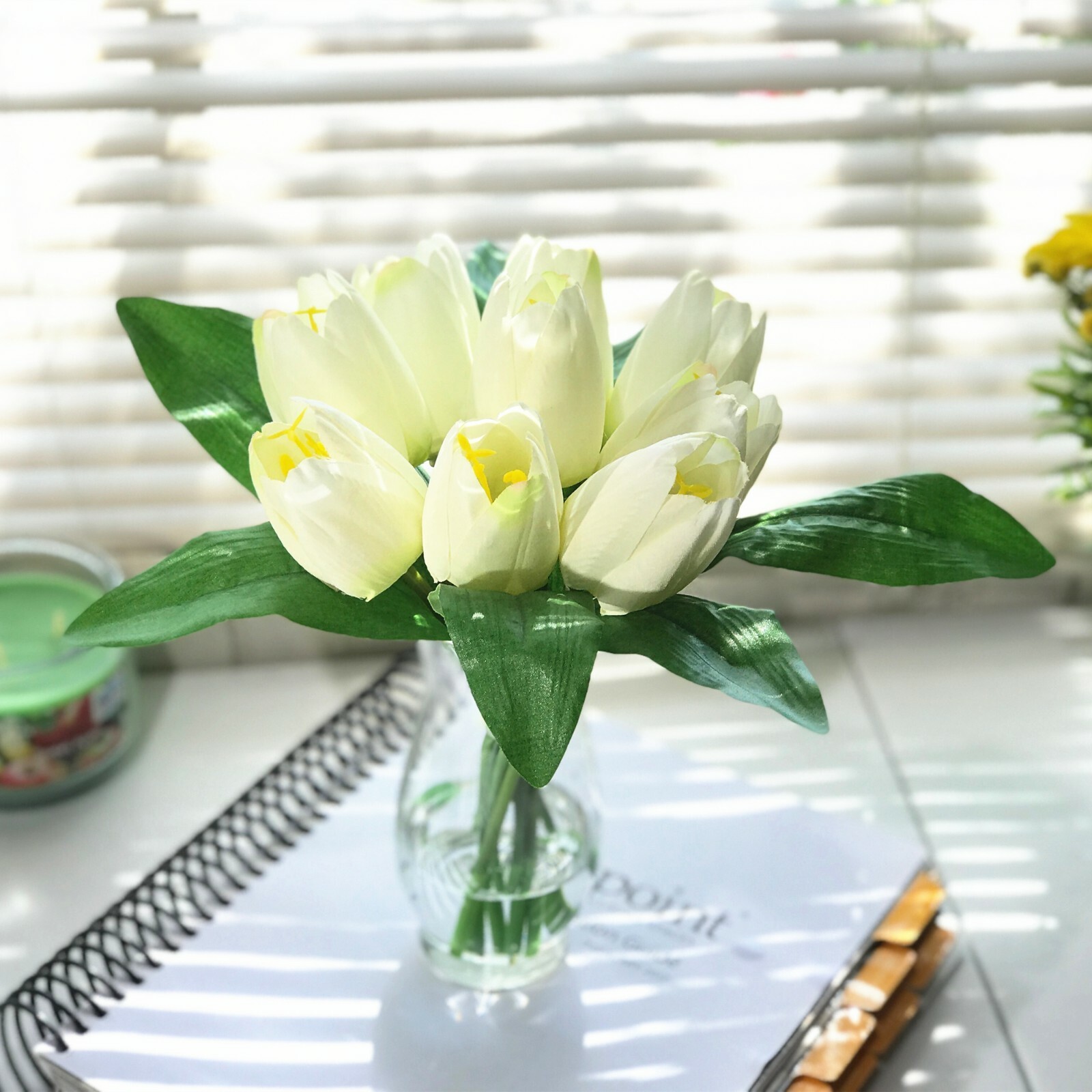 Multicolor Silk Tulips Centerpiece Artificial Flower in Glass Vase w/ Faux Water