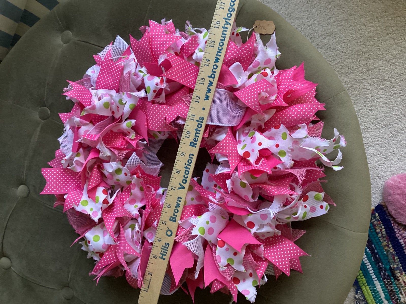 HANDMADE RIBBON RAG WREATH COTTAGE COTTAGECORE Polka Dots Pink Green 16 inches