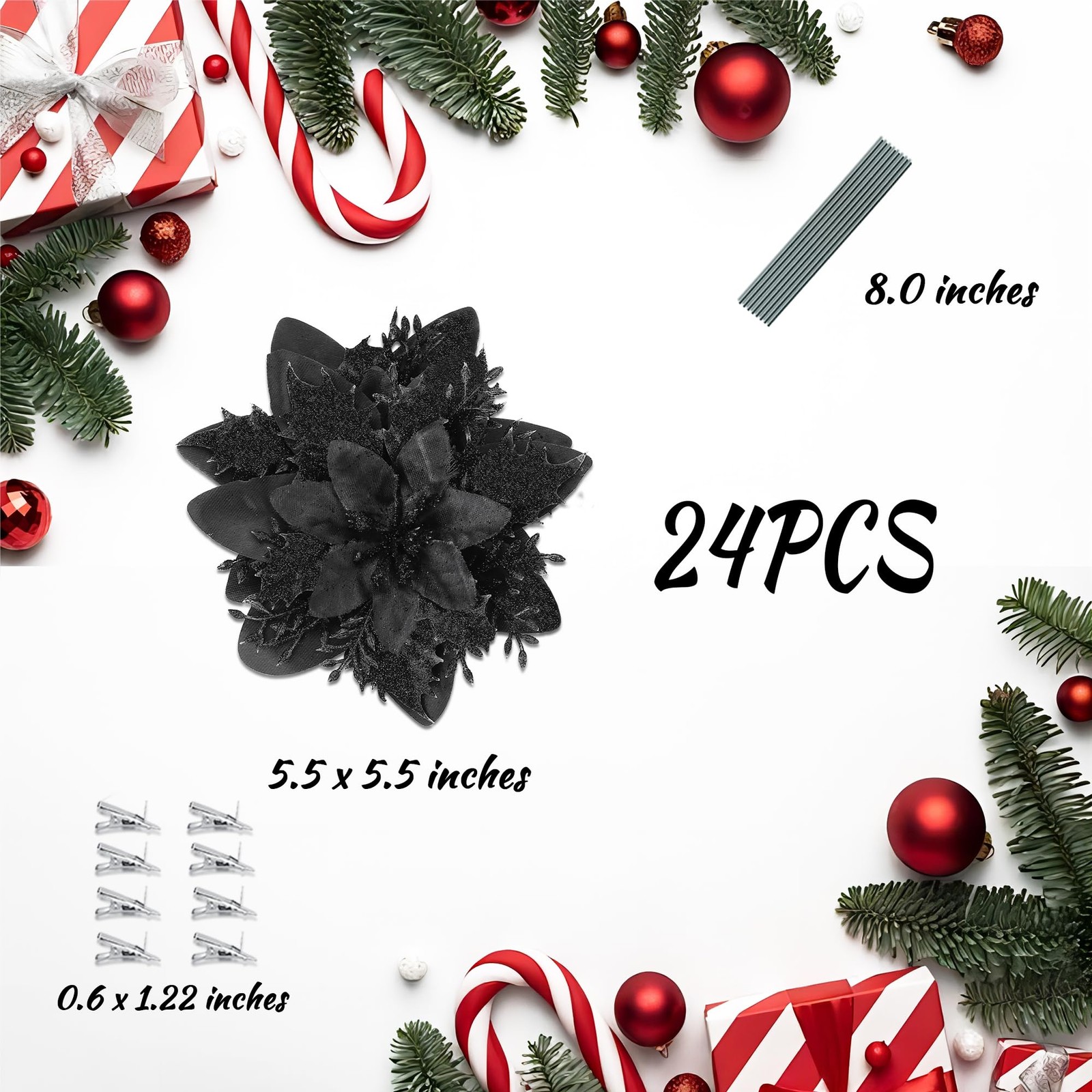 24 PCS 5.5 Inch Black Glitter Artificial Poinsettia Christmas Tree Ornaments