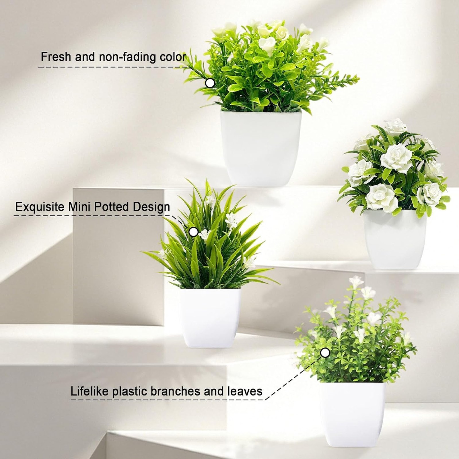 Artificial Potted Plants Set of 4 Small Faux Flowers for Home Office Bathroom