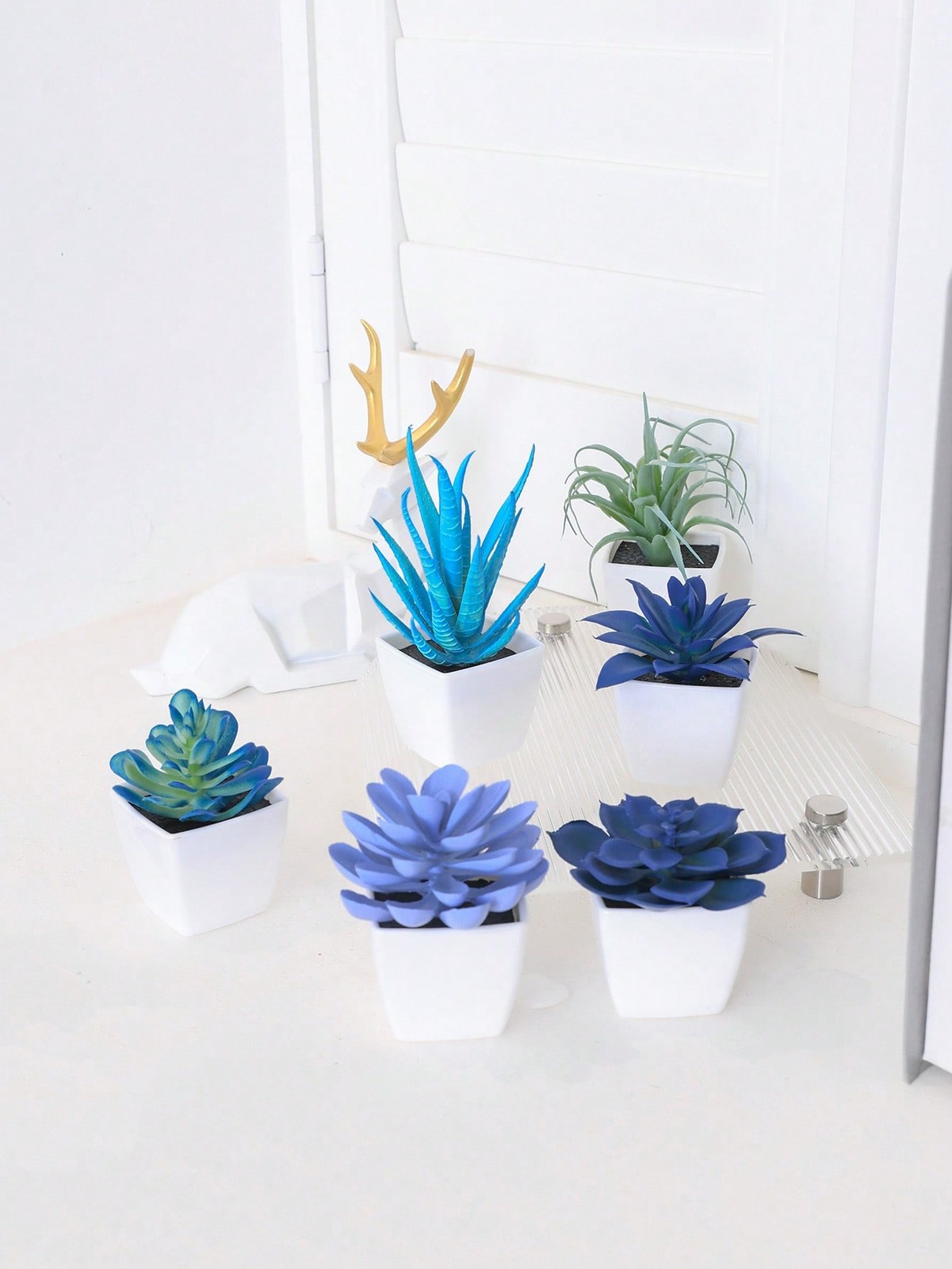 6PCS Artificial Blue Green Succulents 23510ZH6 in White Pots Home Decor