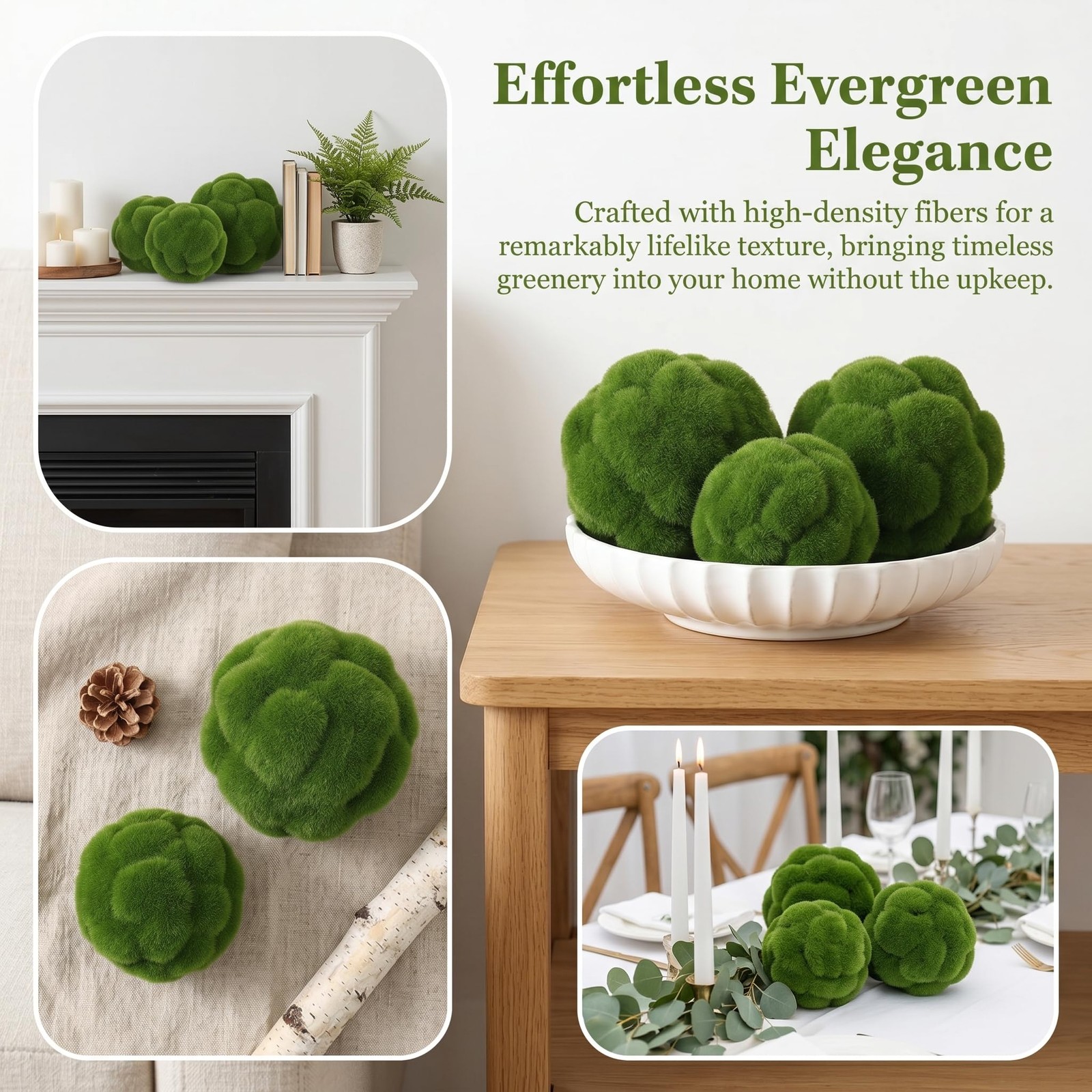 4 PCS Fake Green Moss Ball Flocked Decorative Rock Bowl Filler 4 & 4.7 Inch
