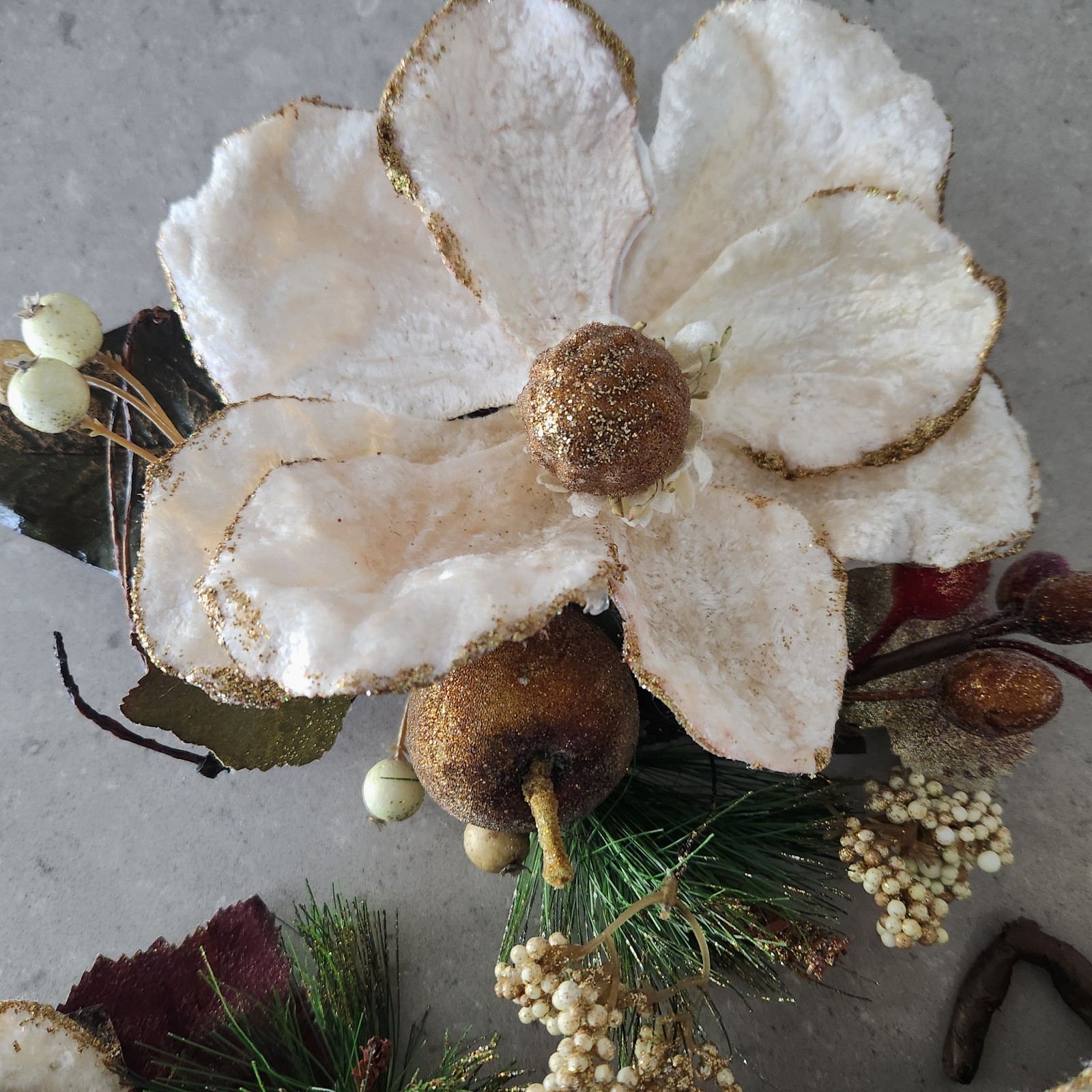 Set of 3 Gold Glittered Artificial Soft White Magnolia Sprays Fruit Berries