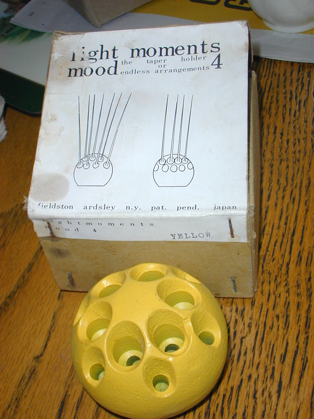 Mid Century New Old Stock YELLOW Metal Flower Frog Taper Candle Holder Japan Box