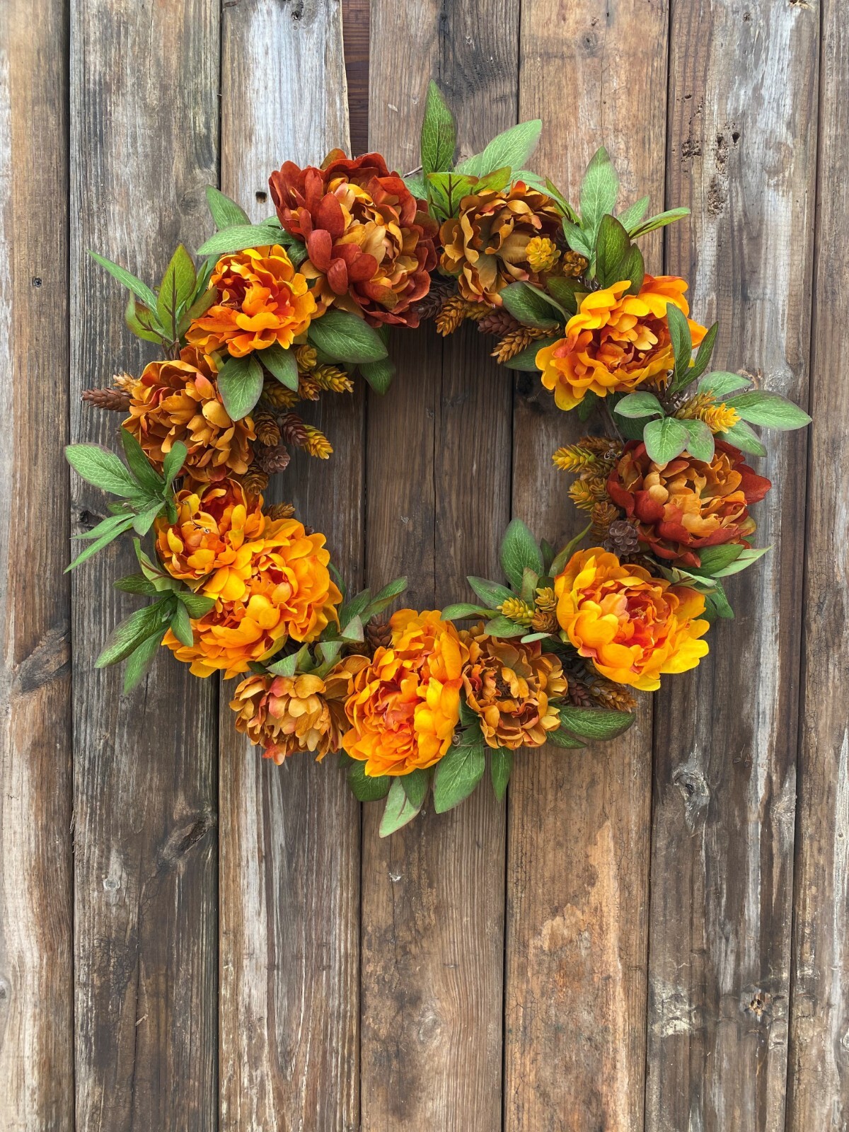 Autumn colored Floral Wreath, 18″ base measuring 20-24″. Free Shipping.