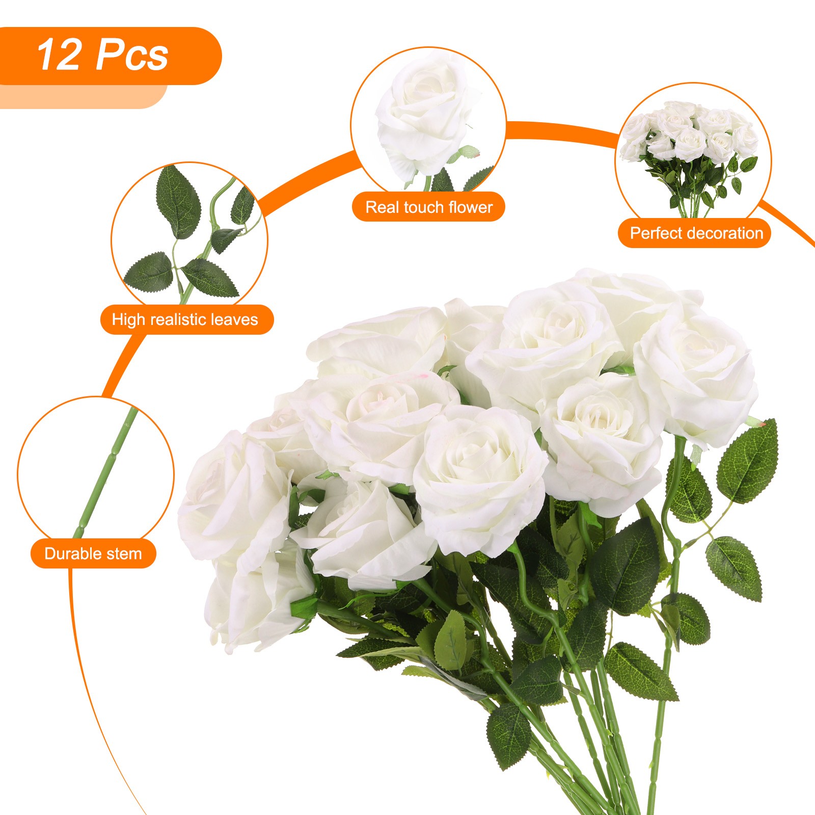12Pcs White Roses Artificial Flowers Velvet Rose with Stems